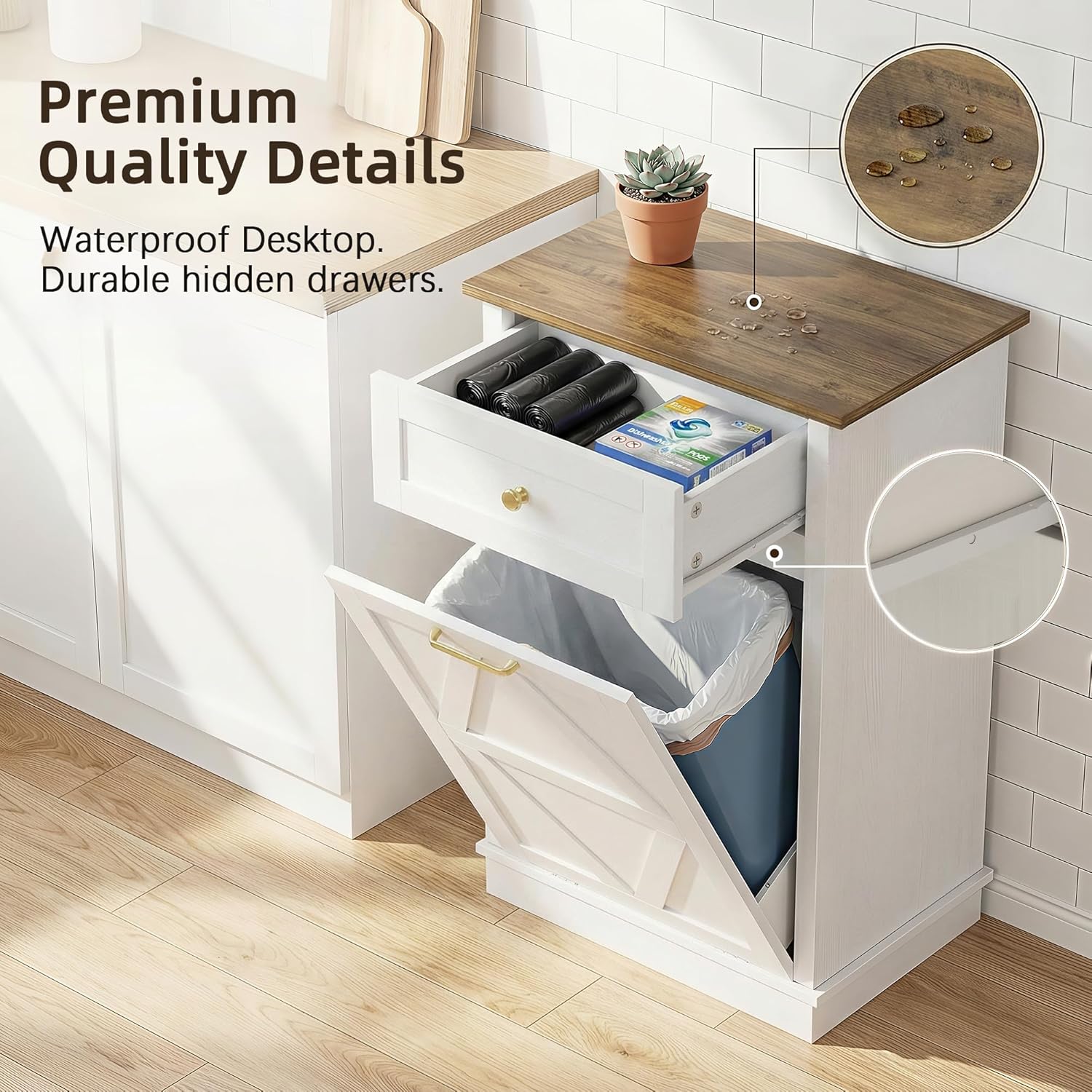 YESHOMY Tilt Out Trash Can Cabinet, 10 Gallon Garbge Can Cabinets, Wooden Hidden Laundry Hamper with Drawer, for Kitchen, Dining Room, Living Room (White)