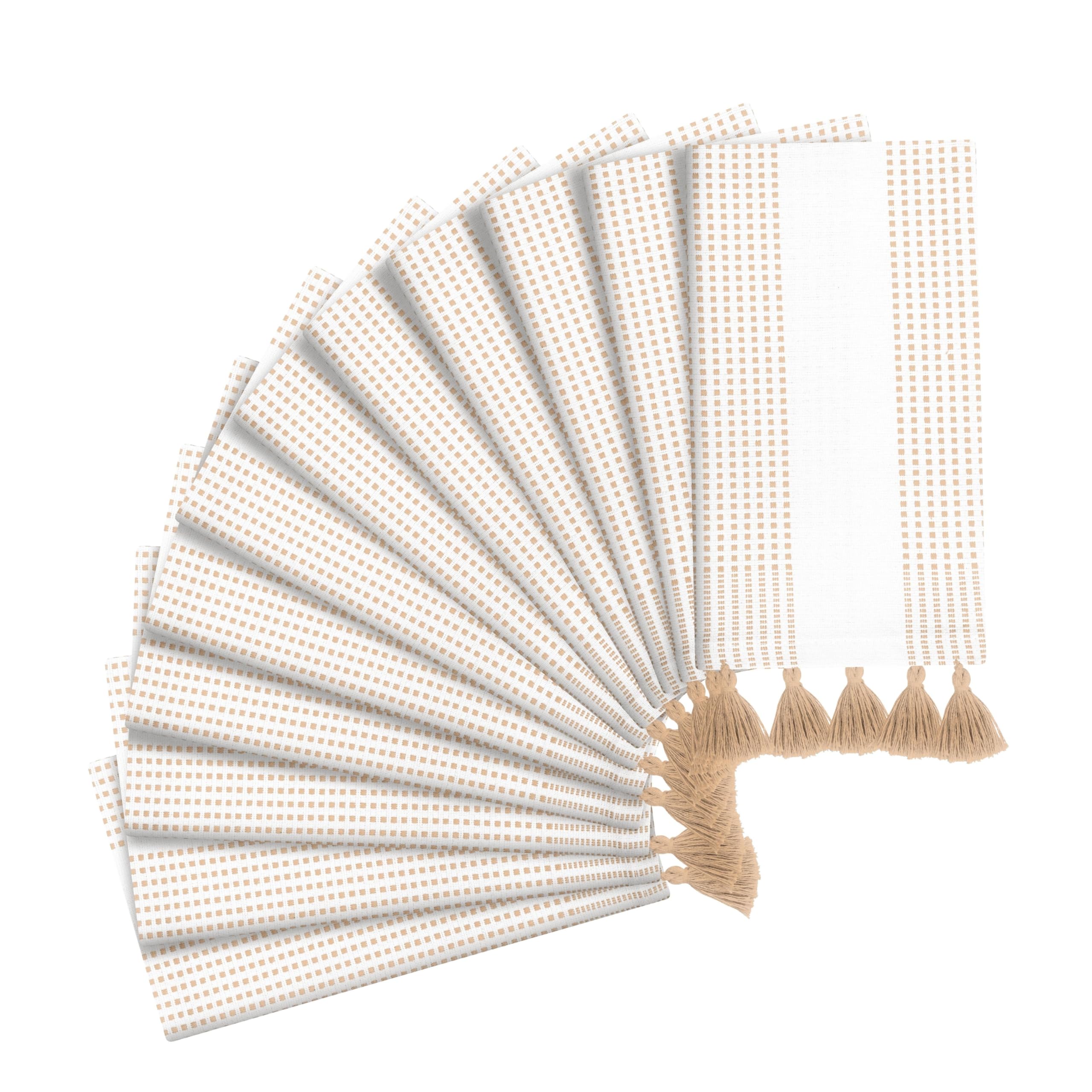 Strofinacci da cucina decorativi a pois beige, 40 x 66 cm, confezione da 12, morbidi, 100% cotone, assorbenti e ad asciugatura rapida, con nappe, ideali per pulire, asciugare i piatti