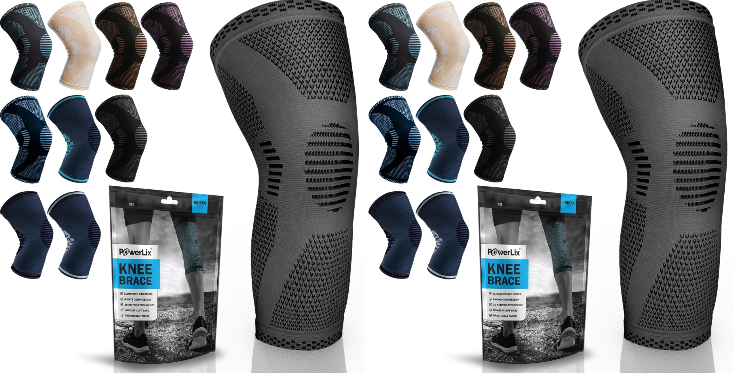 POWERLIX Knee Compression Sleeve - Best Knee Brace for Knee Pain for Men &amp; Women – Knee Support for Running, Basketball, Volleyball, Weightlifting, Gym, Workout, Sports - (Gray L) (Pack of 2)