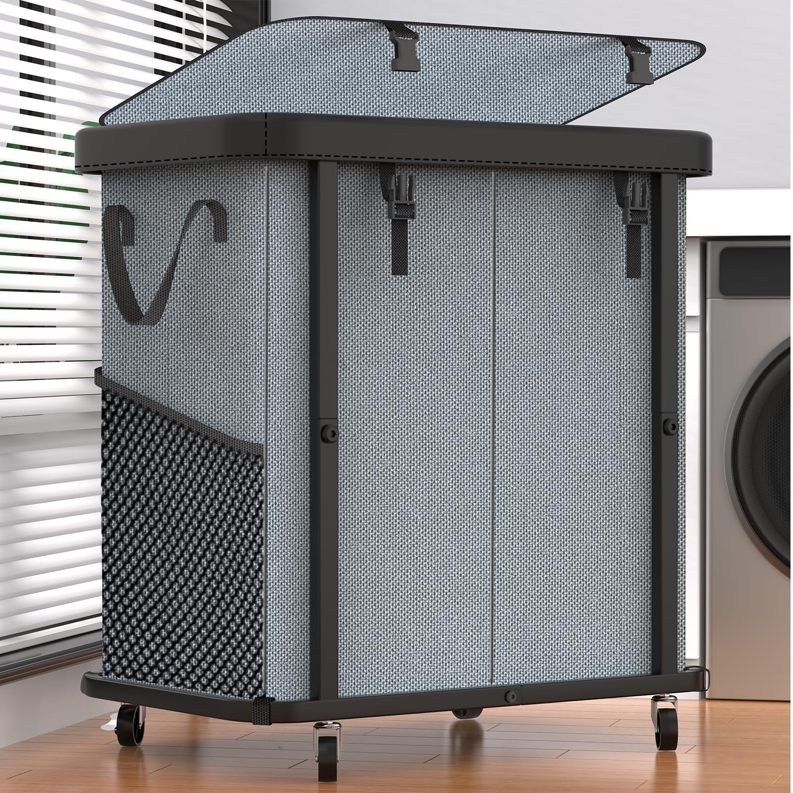 190L (50 Gal) Large Fashion Laundry Basket with Wheels, Leather Patchwork Rolling Hamper Carts, Sturdy Metal Frame, Removable Washable Bag, Tall Clothes Sorter for Bedroom - 2 Setion Gray