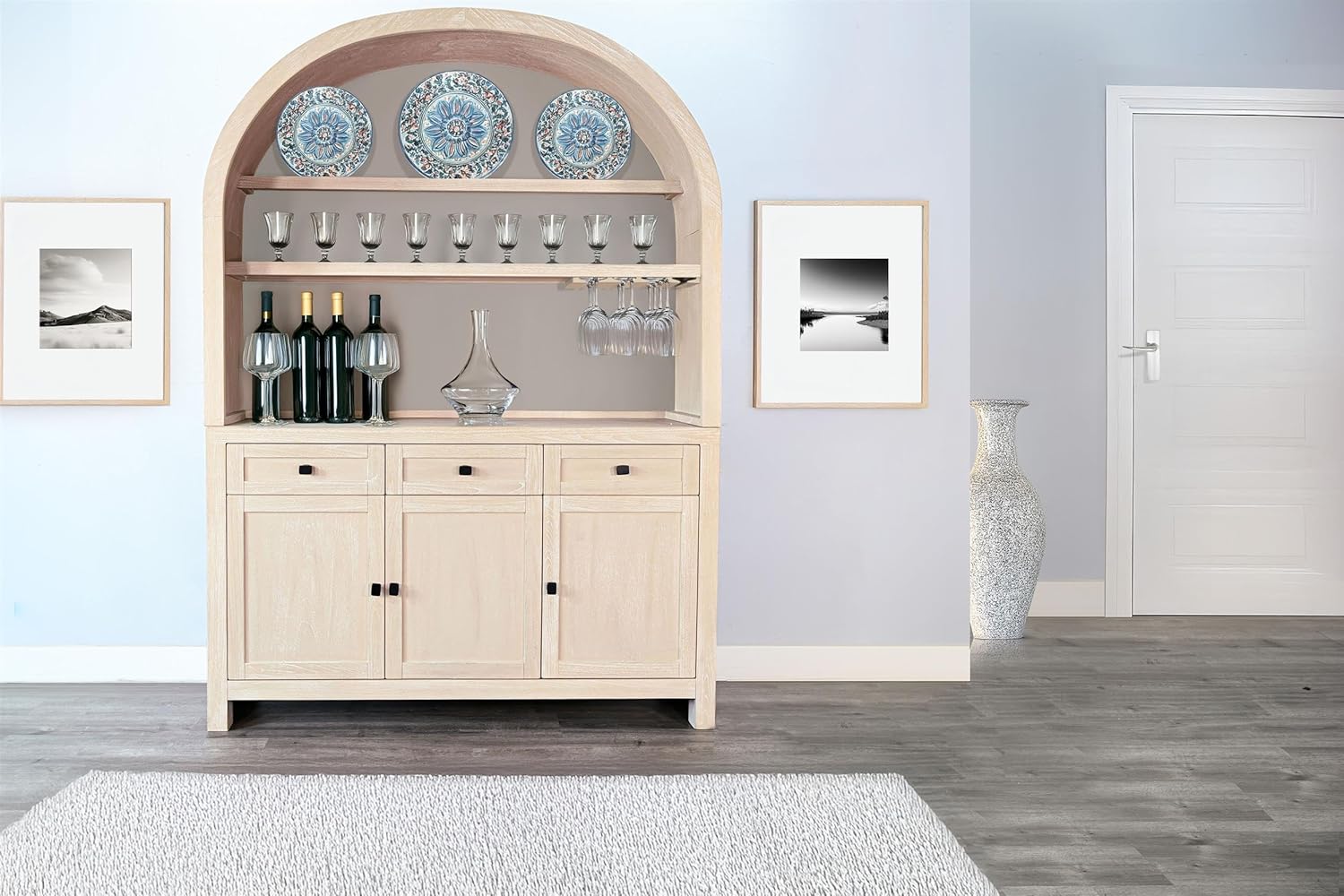 Sunny Designs Arched Wood Bar Hutch with Glass Storage
