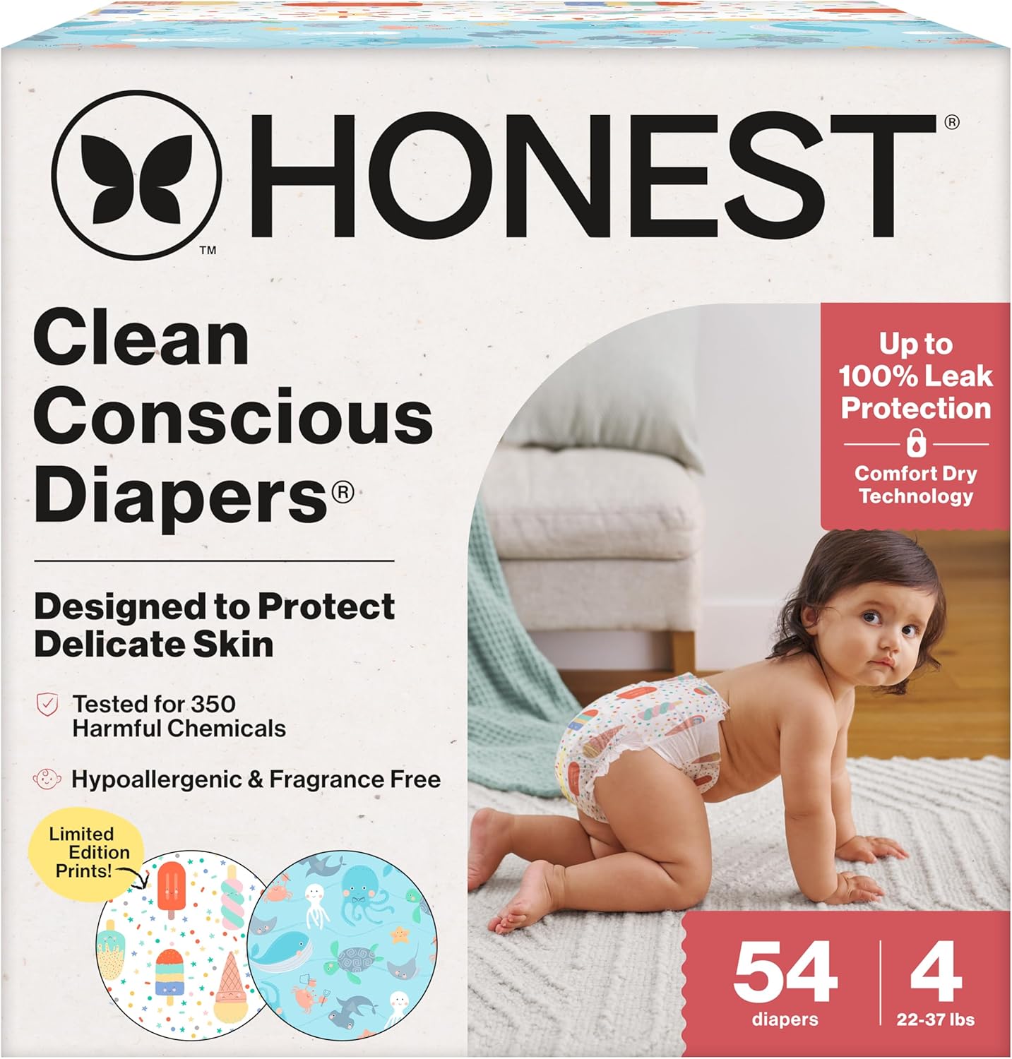The Honest Company Clean Conscious Diapers for Delicate Skin | Up to 100% Leakproof | Hypoallergenic, Fragrance Free | Summer ’25 Limited Edition Prints | Club Box, Size 4 (22-37 lbs), 54 Count