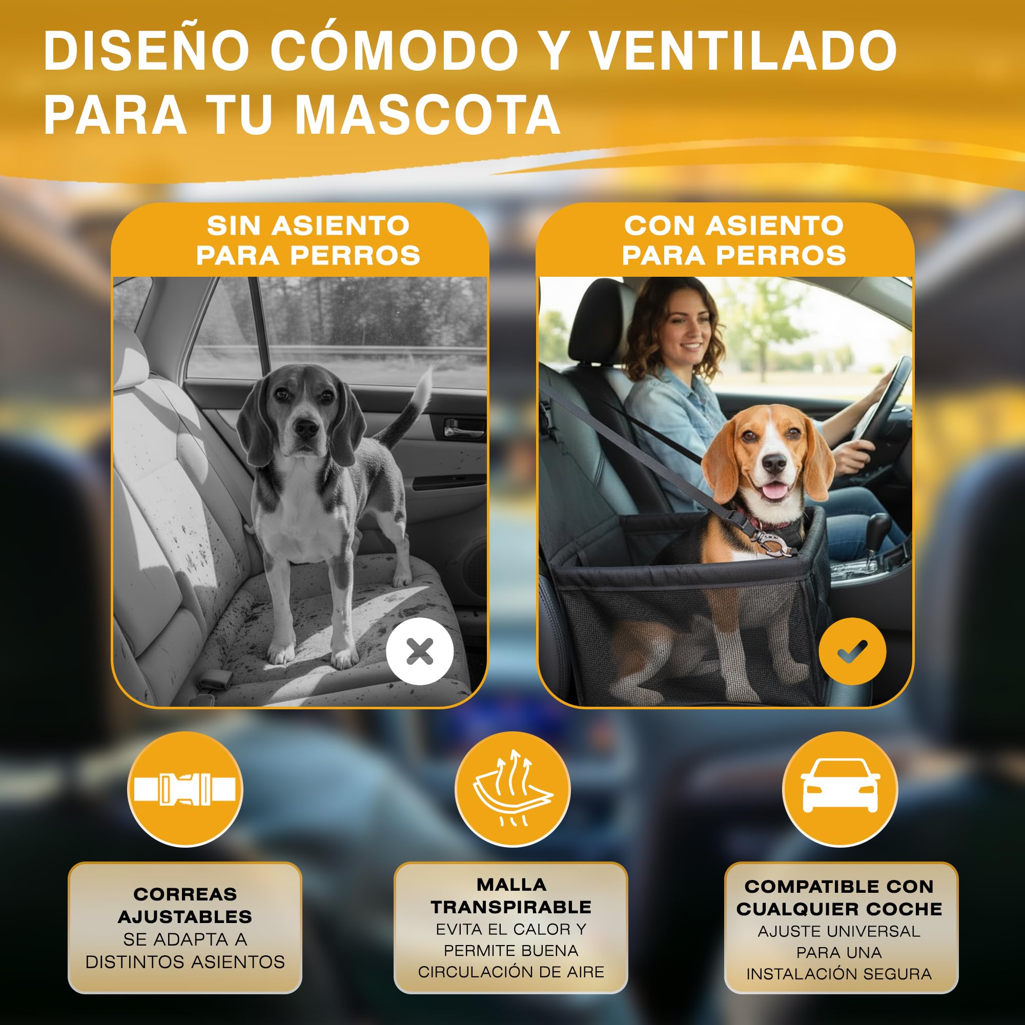 Transportin Perros y Gatos de Coche | Base Rígida y Tejido Impermeable con Correas Ajustables |Viajes Comodos y Tranquilos | Incluye Cinturón de Seguridad y Bol de Viaje Plegable | 40x40x32 cm.
