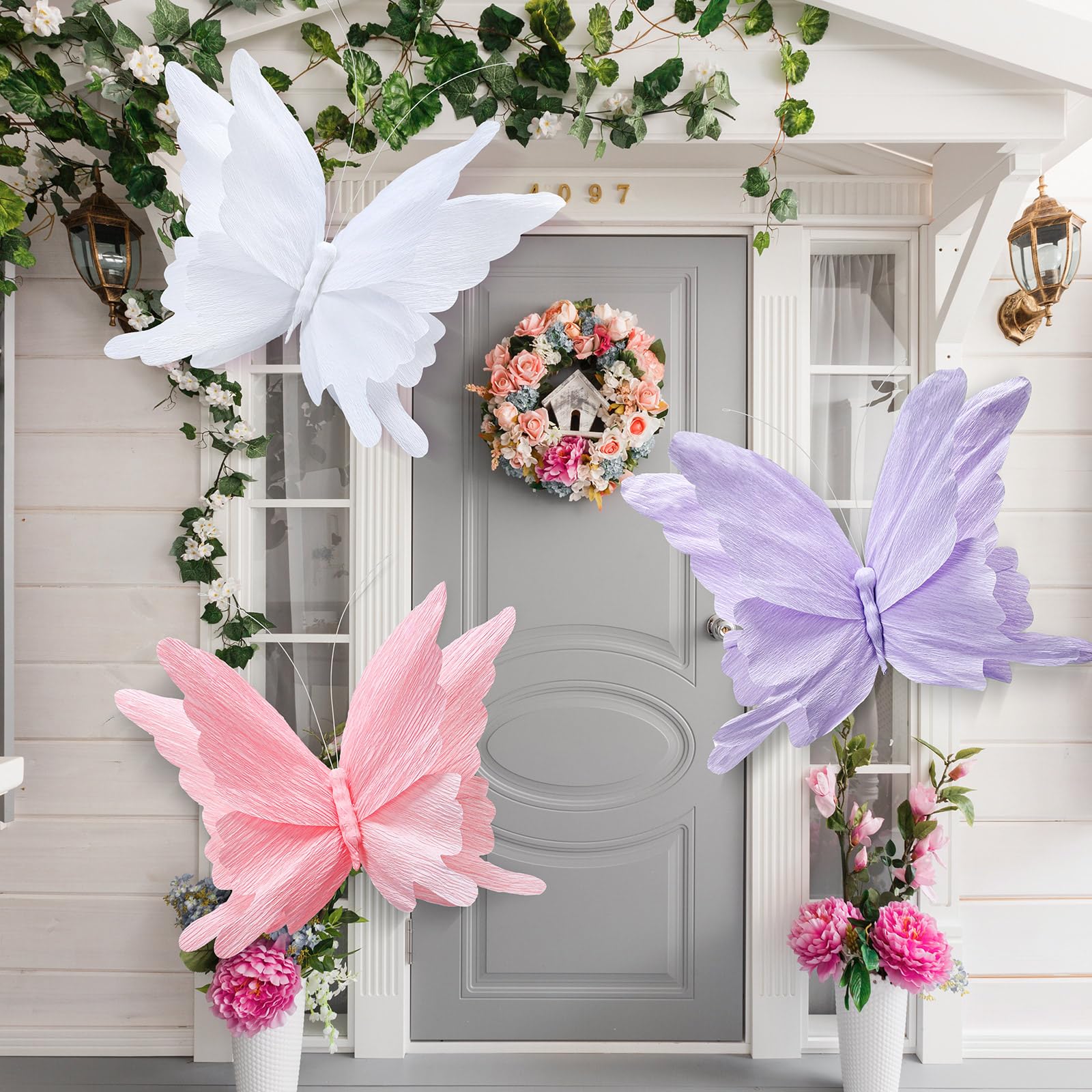 3 grandi decorazioni per feste a forma di farfalla, viola, rosa, bianco