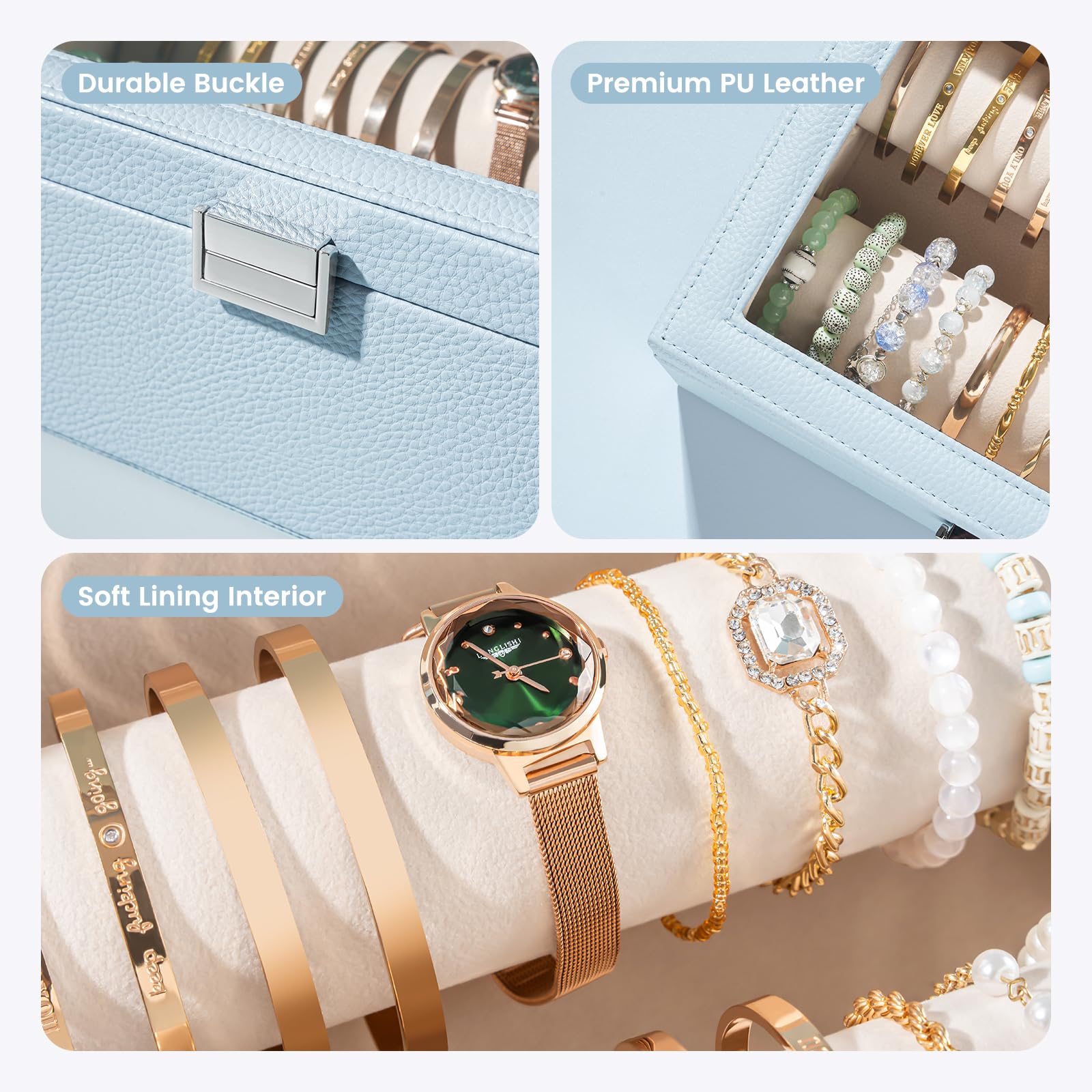 Lolalet Organizador de Joyería para Pulseras y Relojes con Barra, Caja de Almacenaje Transparente - Azul