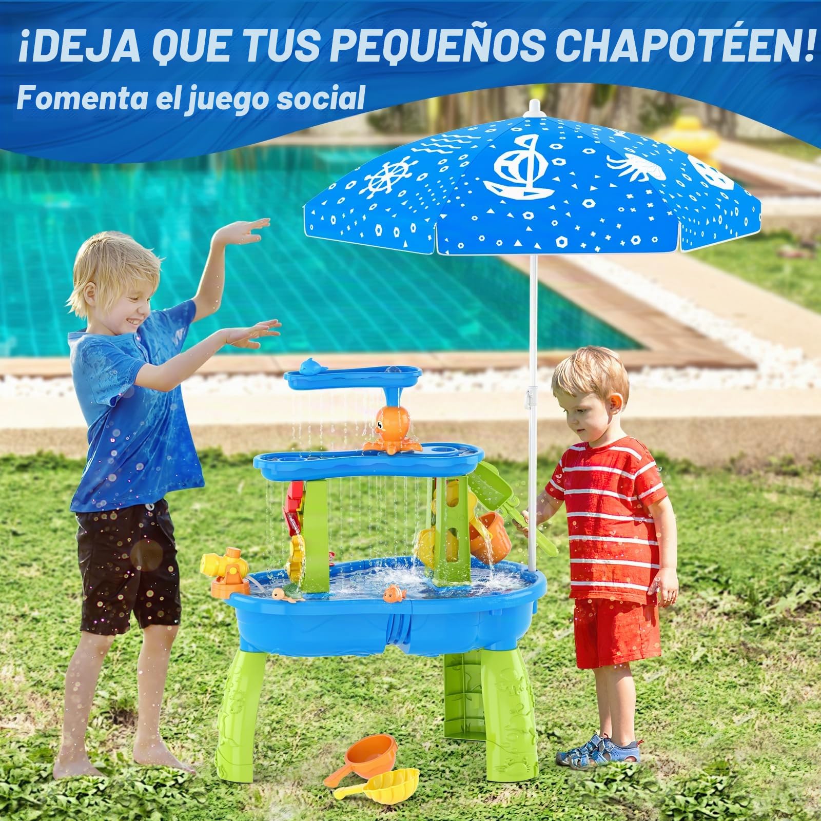 HYES Mesa de Agua para Niños 3 Niveles con Paraguas, Arena, Duchas - Azul