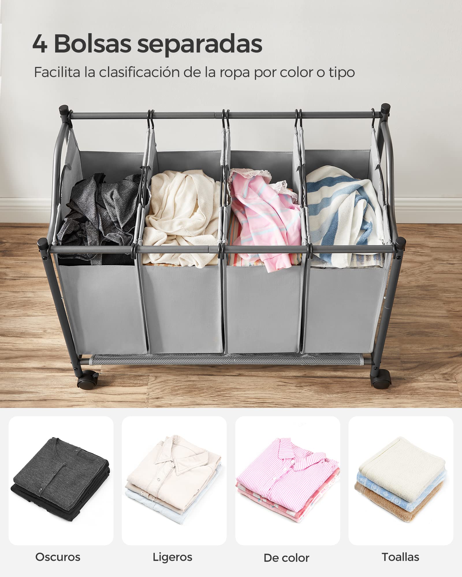SONGMICS Cesto para Ropa Sucia con Ruedas, Carrito para Lavandería con 4 Bolsas Extraíbles, Cesta Ropa, Carro de Ropa, para Cuarto de Lavado, Dormitorio, Baño, 4 x 35 L, Gris Paloma LSF005GS