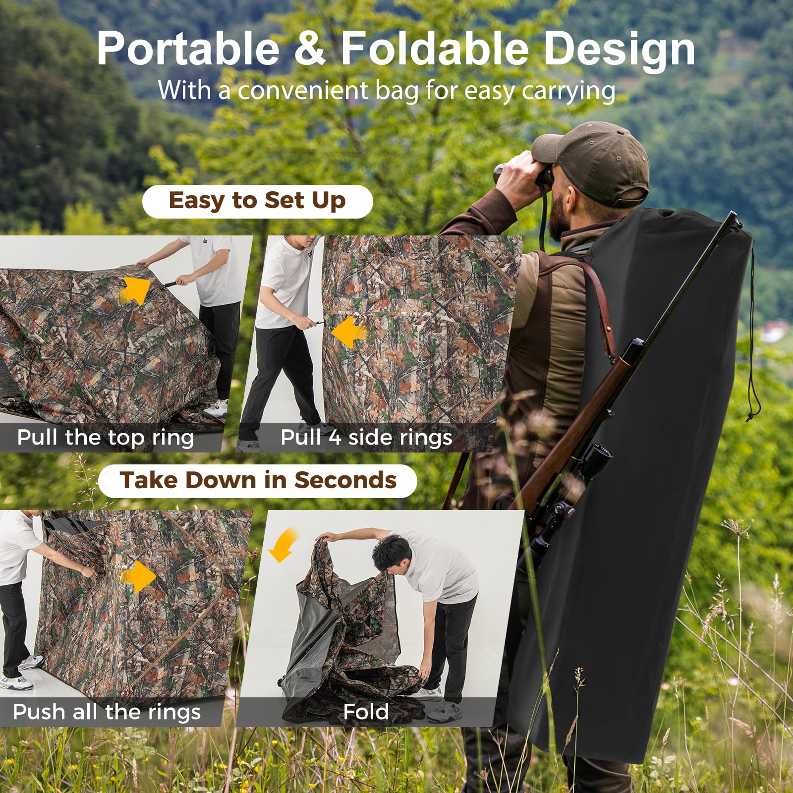 HOMASIS Tienda de Caza portátil de 270°para 2-3 Personas, Persiana de Caza Plegable con Ventanas de Malla y Bolsa de Transporte, Escondite de Camuflaje para Caza de Ciervos y Pavos