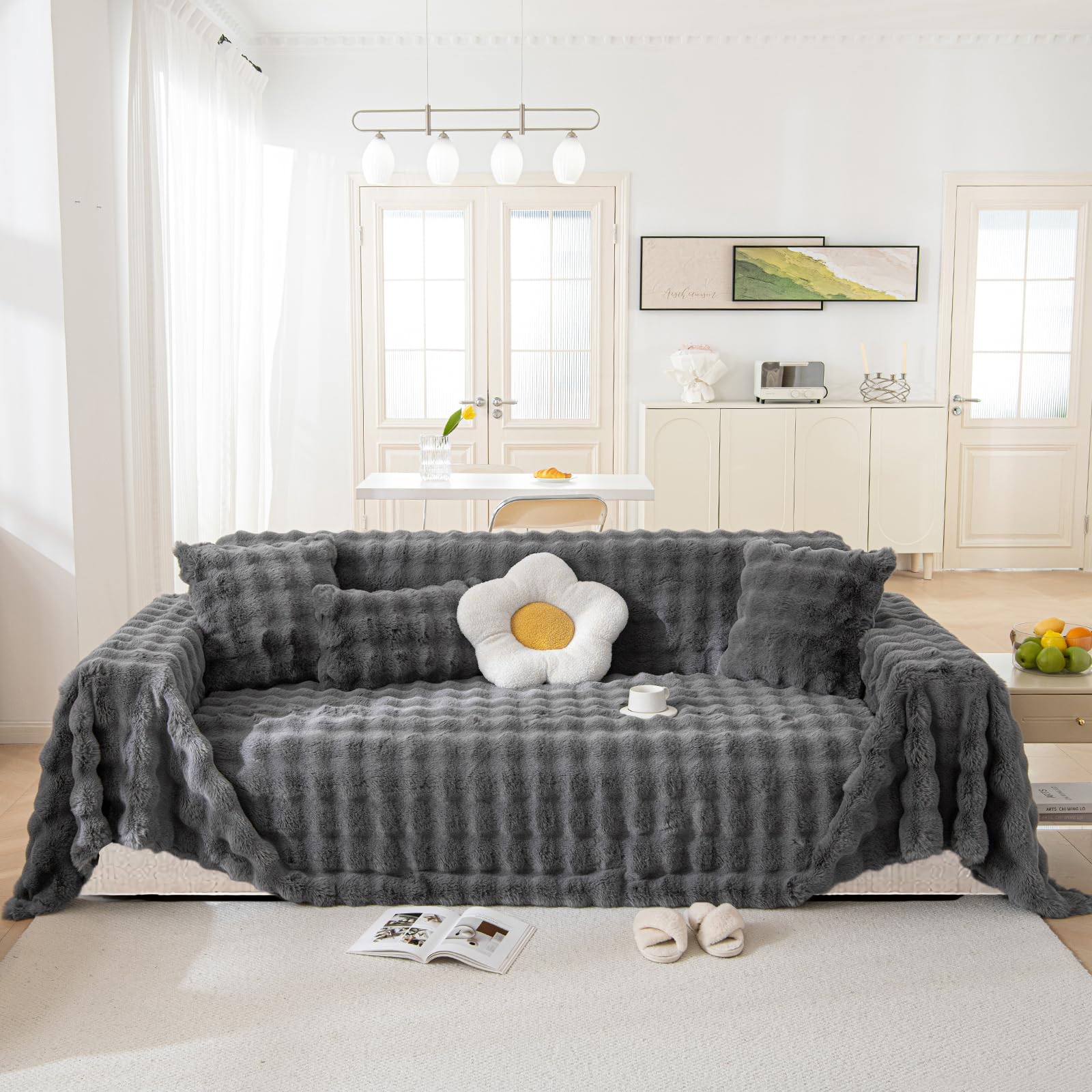 LiveGo Thick Plush Wool Sofa Cover for 3 Seater, Soft Fuzzy Faux Rabbit Fur Non-Slip Slipcover, All-Season Washable Couch Protector for Dogs, L Shaped Sofa Cover (Plush D-Grey, 180×300 cm)