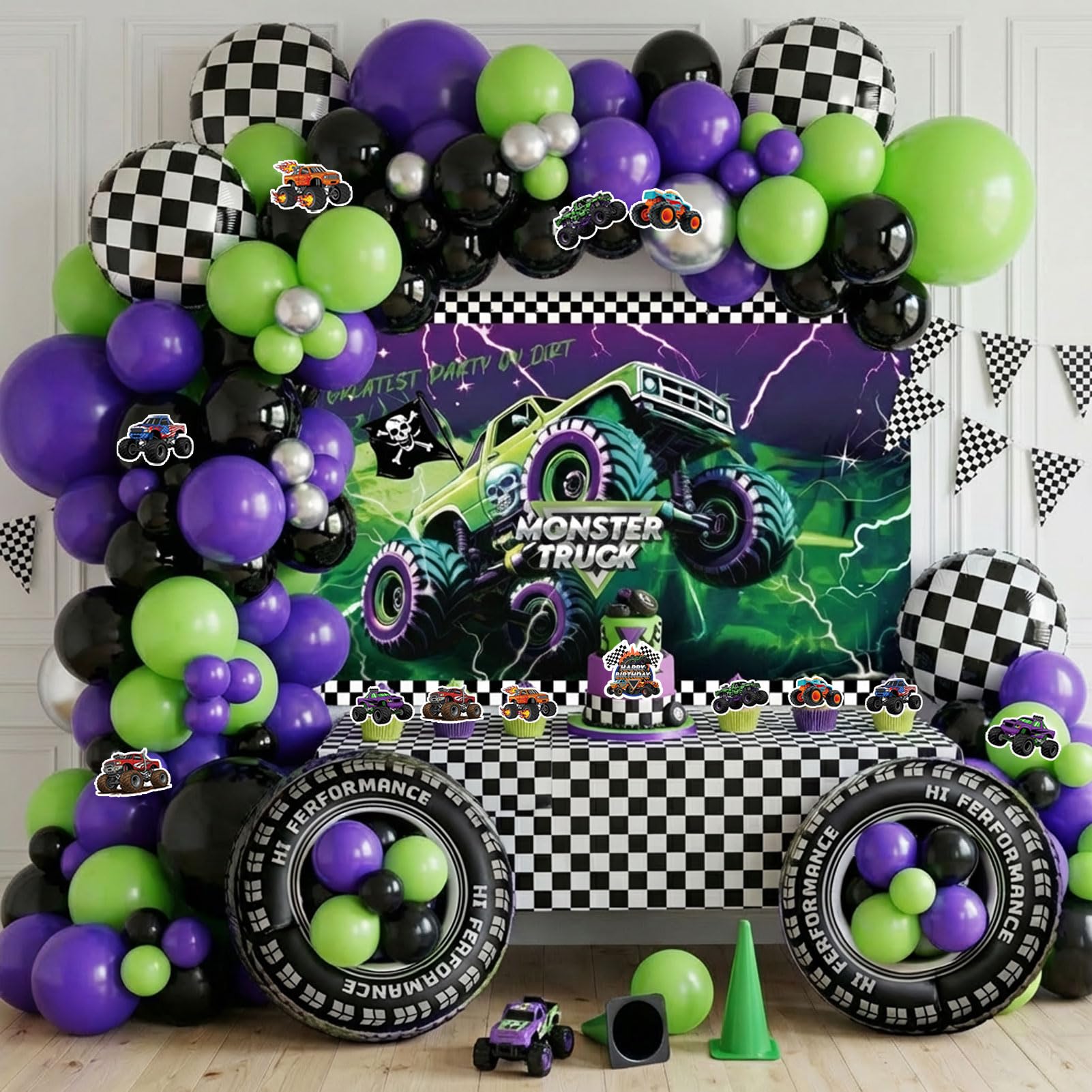 View 1 of 115 Pcs Monster Truck Birthday Party Decorations - Purple, Green & Black Balloon Arch Kit with Wheels Foil Balloons, Backdrop, Tablecloth Cake Toppers - Racing Theme Supplies for Boys
