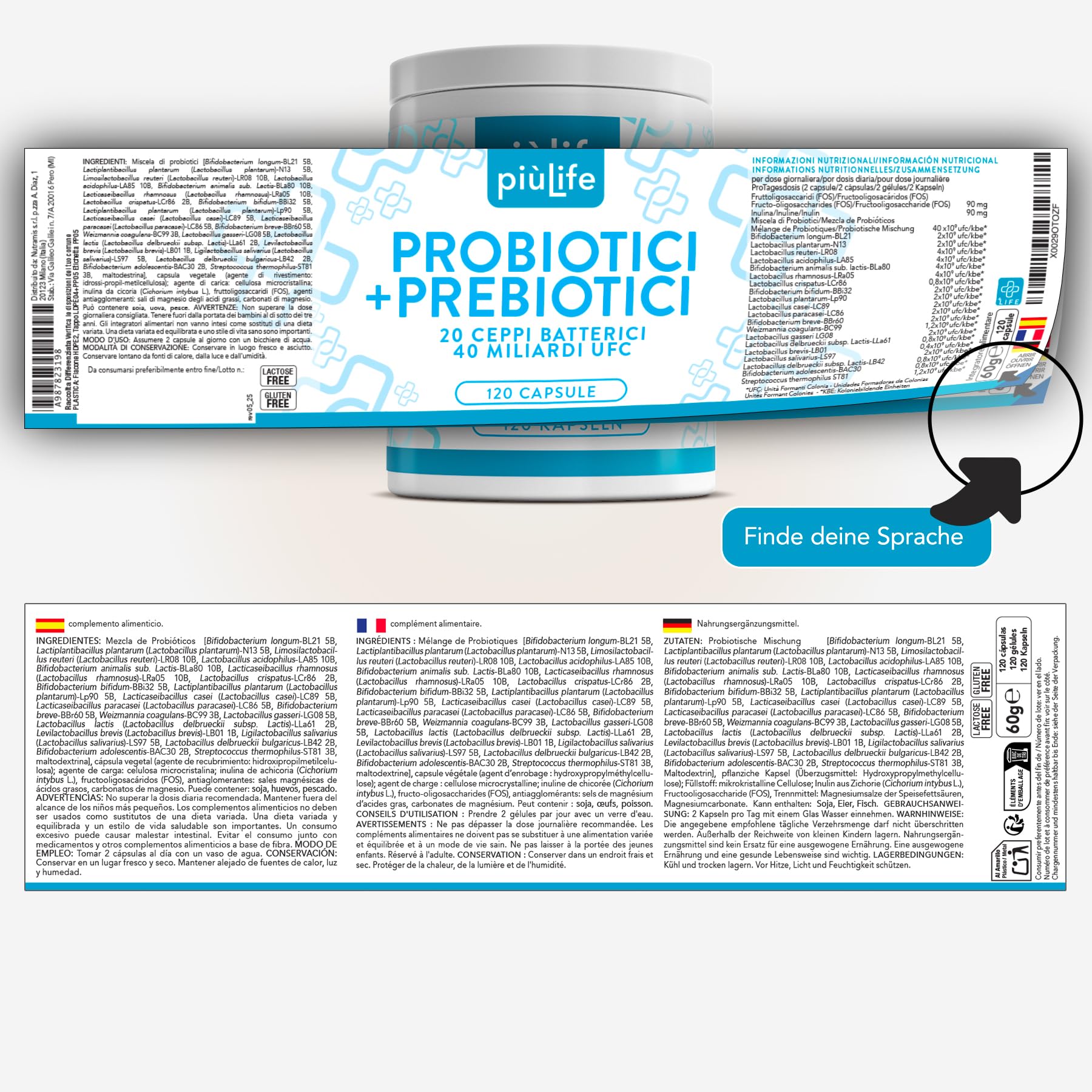Probiotika & Präbiotika + Inulin & FOS PiùLife – 240 Darmbakterien Kapseln | 40 Mrd. KBE aus 20 Bakterienstämmen – Lactobacillus und Bifidobakterien – Nahrungsergänzungsmittel Darmbakterien Probiotika