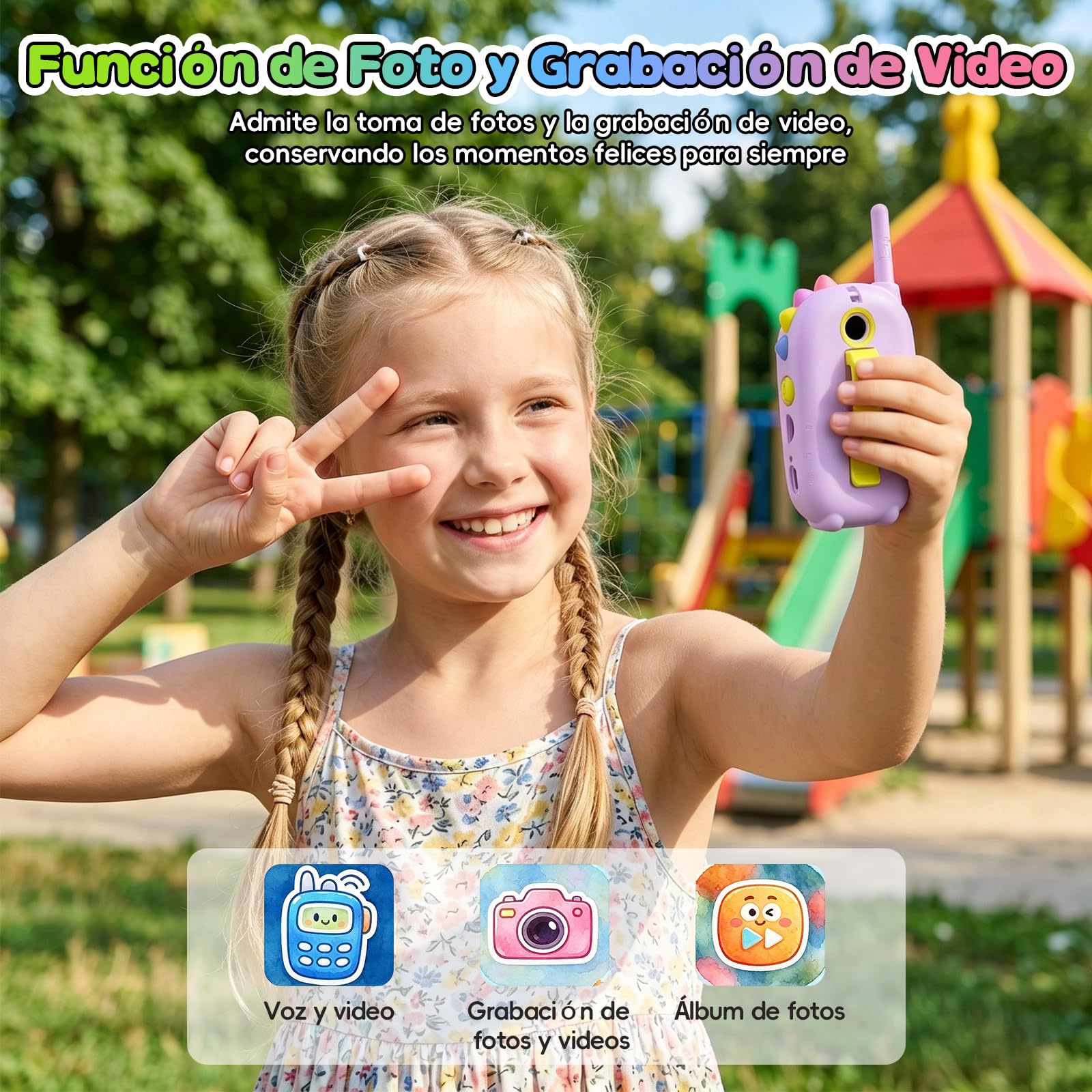 Cámara Doble Walkie Talkie Niños con Videollamada, Paquete de 2 Walkie Talkies Recargable, Largo Alcance & 4 Efectos de Voz Juguetes, Regalo de Cumpleaños para Niños & Niñas de 3 a 12 Años