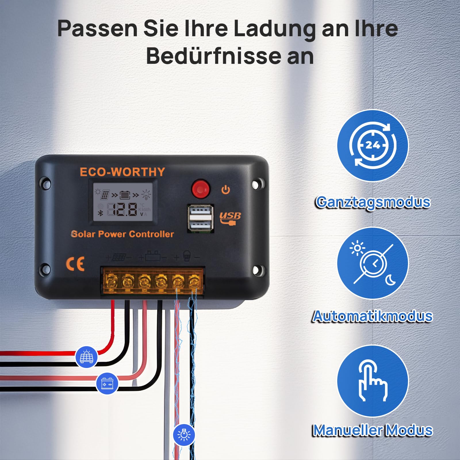 ECO-WORTHY 30A laderegler solar 12v /24v PWM mit Bluetooth & APP Überwachung, Intelligenter Batterie Controller für Solarpanel mit 2 USB-Anschlüssen für AGM/LiFePO4/GEL im Wohnmobil Solar System
