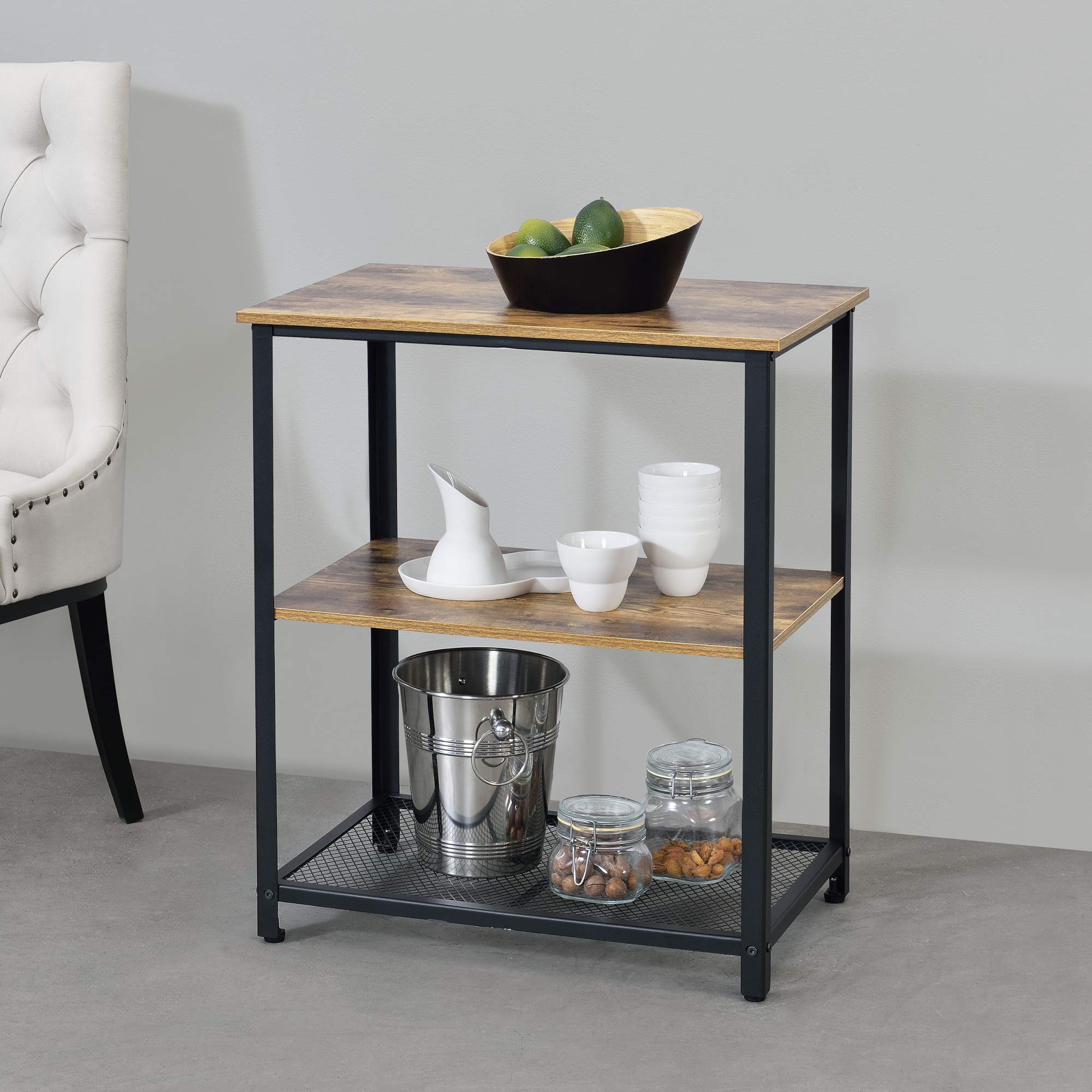 [en.casa] Chariot de Service Chariot de Cuisine Roulant Desserte roulettes Vérouillables Panneau de Particules Métal Plastique 76,5 x 60 x 40 cm Bois Foncé Noir