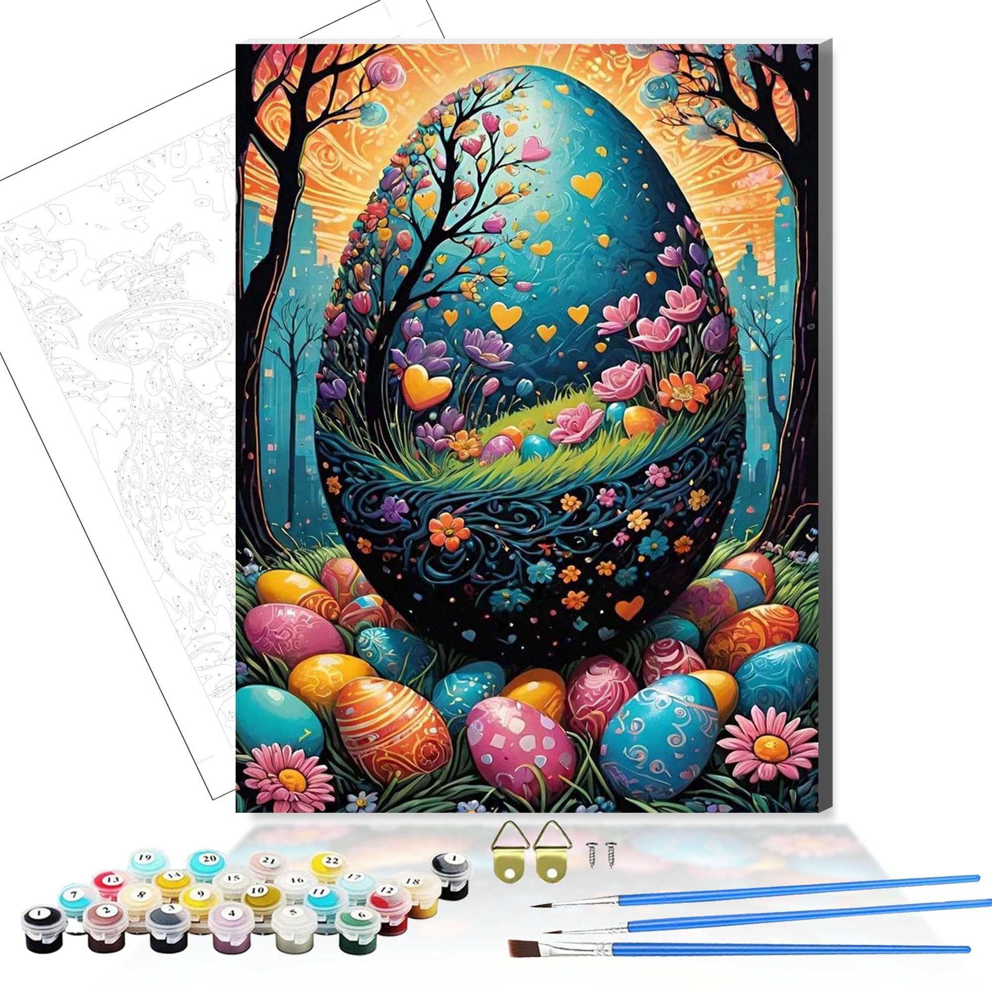 WUJIEJ Wooden Framed Adult Paint by Numbers Kits,Easy Painting by Number Kits on Canvas,Color by Numbers Acrylic Watercolor Gifts for Friends Home Wall Decor (Colorful Easter Egg with Tree)