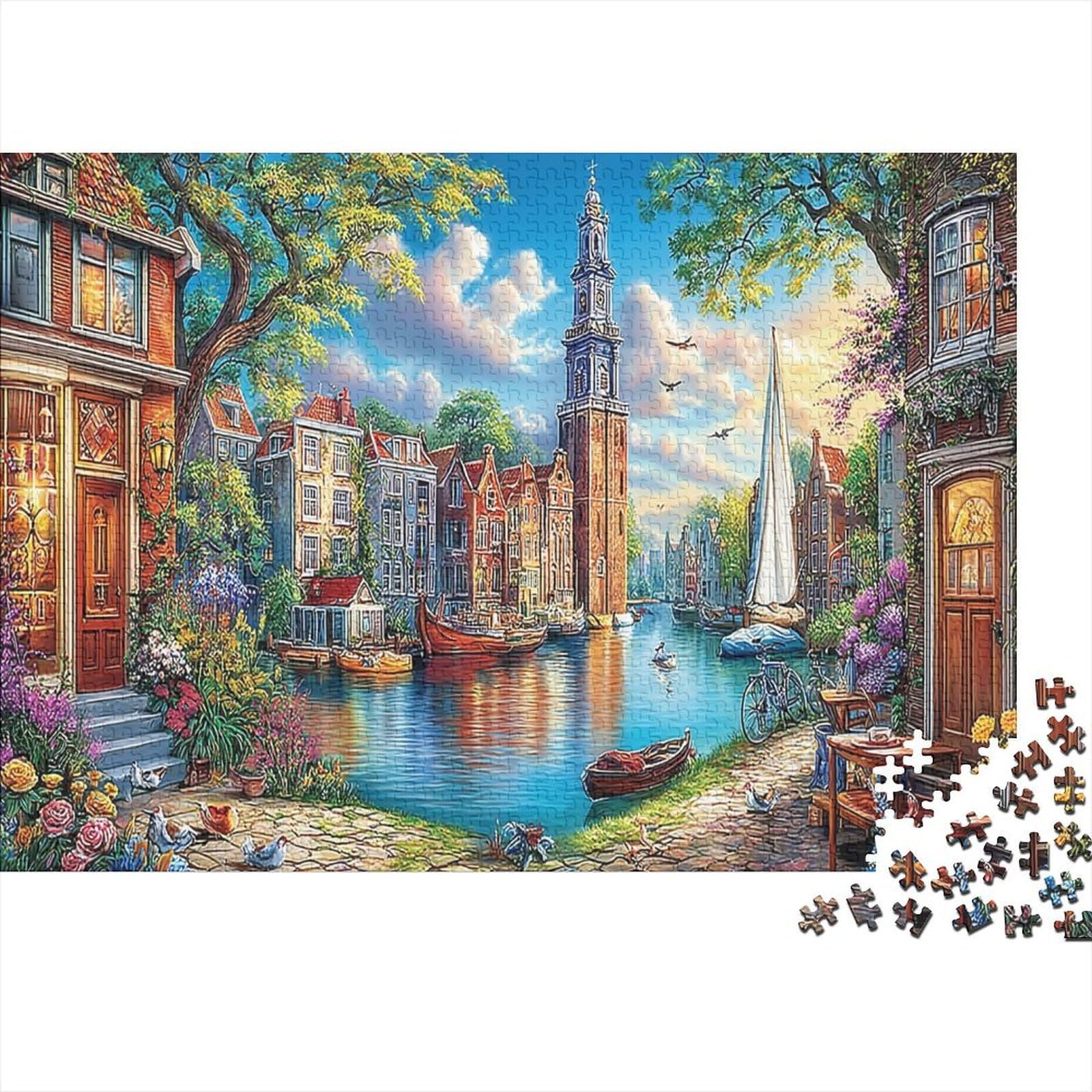 DutchCanalTown Jigsaw ScenicWaterwayPuzzles 1000 Pieces Recycled Paper for Women Gifts for Men Puzzle Educational Challenge Home Activity Gift 70x50cm/1000pcs