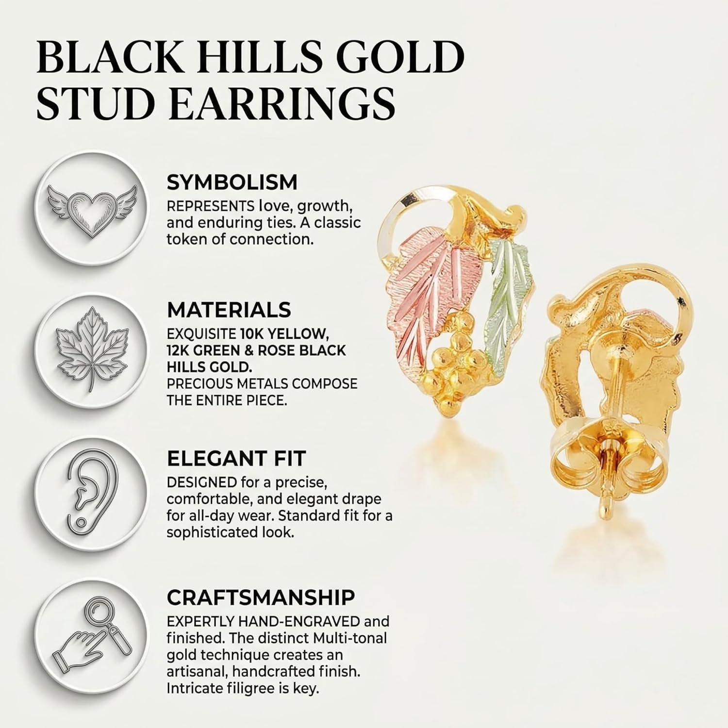 Black Hills Gold Leaf Earrings 10k Yellow Gold with 12k Rose & Green Gold Grape Leaves – Handcrafted Tri-Color Stud Earrings for Women, Vintage Floral Jewelry