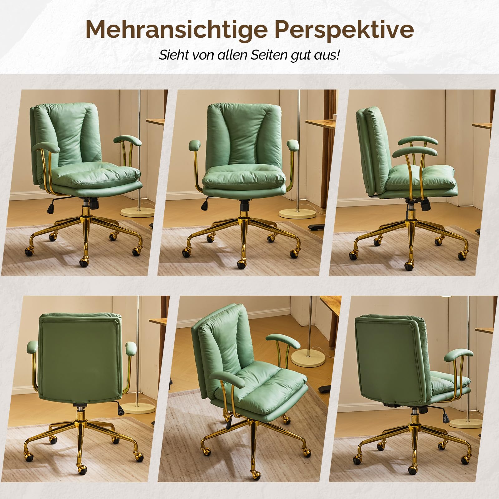 Bonnlo Bürostuhl Ergonomisch, Schreibtischstuhl mit Goldenen Armlehnen, Chefsessel, Drehstuhl mit Rollen, Höhenverstellbar & Kippfunktion, Homeoffice (Kratzfestes Leder, Grün)
