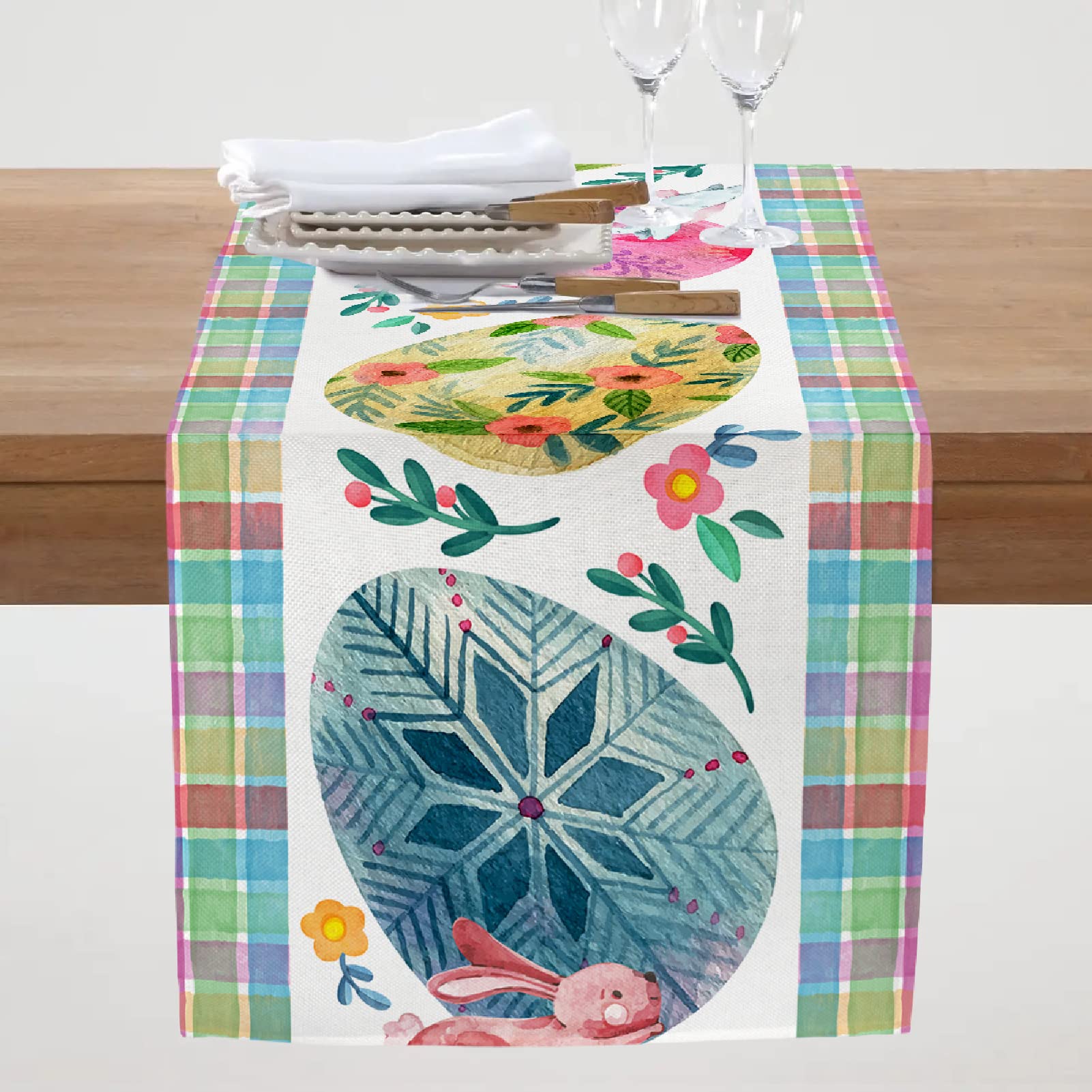 PROCIDA Easter Bunny Egg Table Runner Colorful Buffalo Plaid Painted Eggs Floral Flower Kitchen Dinning Decoration Burlap Farm Country Style 13x108 Inch for Spring Indoor Outdoor Home Party