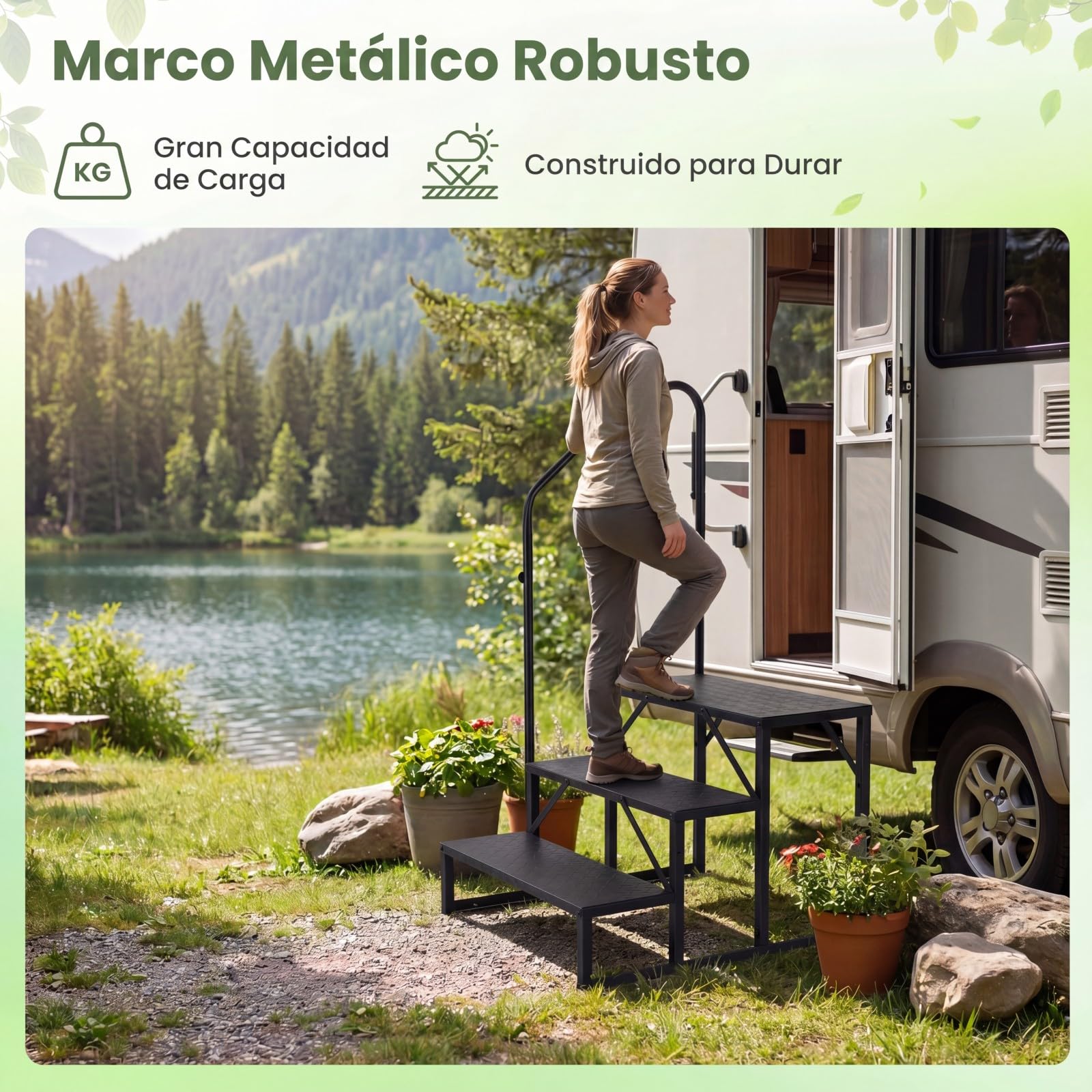 GYMAX Escalera de 3 Peldaños para Autocaravanas – Portátil de Metal, 300 kg de Capacidad. con pasamanos y Plataforma Ancha Antideslizante. Ideal para jacuzzis y Piscinas. Medidas: 79 x 68 x 129 cm