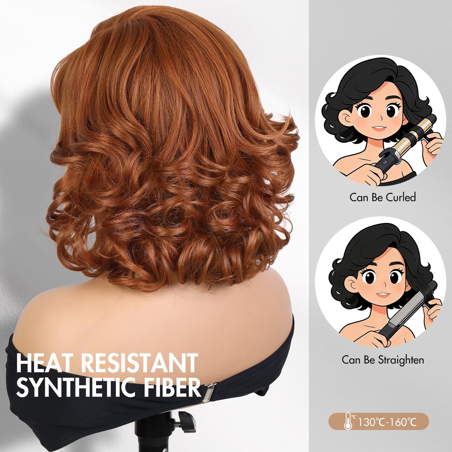 WIGNEE Short Curly Wigs For Black Women Pre Cut Layered Bob Wigs with Bangs Natural Hairline Body Wave Wig Side Part Wear and Go Synthetic Hair Daily Use Cosplay(12Inch, Ginger)