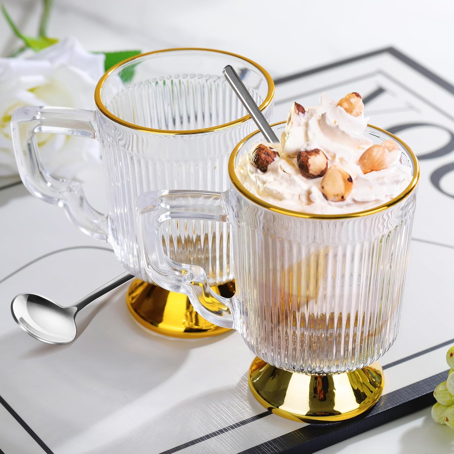 Joeyan Glass Coffee Mugs with Handle,Vintage Ribbed Clear Coffee Cups,Tea latte Cappuccino Espresso Milk Cups,Gold Rimmed Drinking Glasses,12 oz,Set of 2