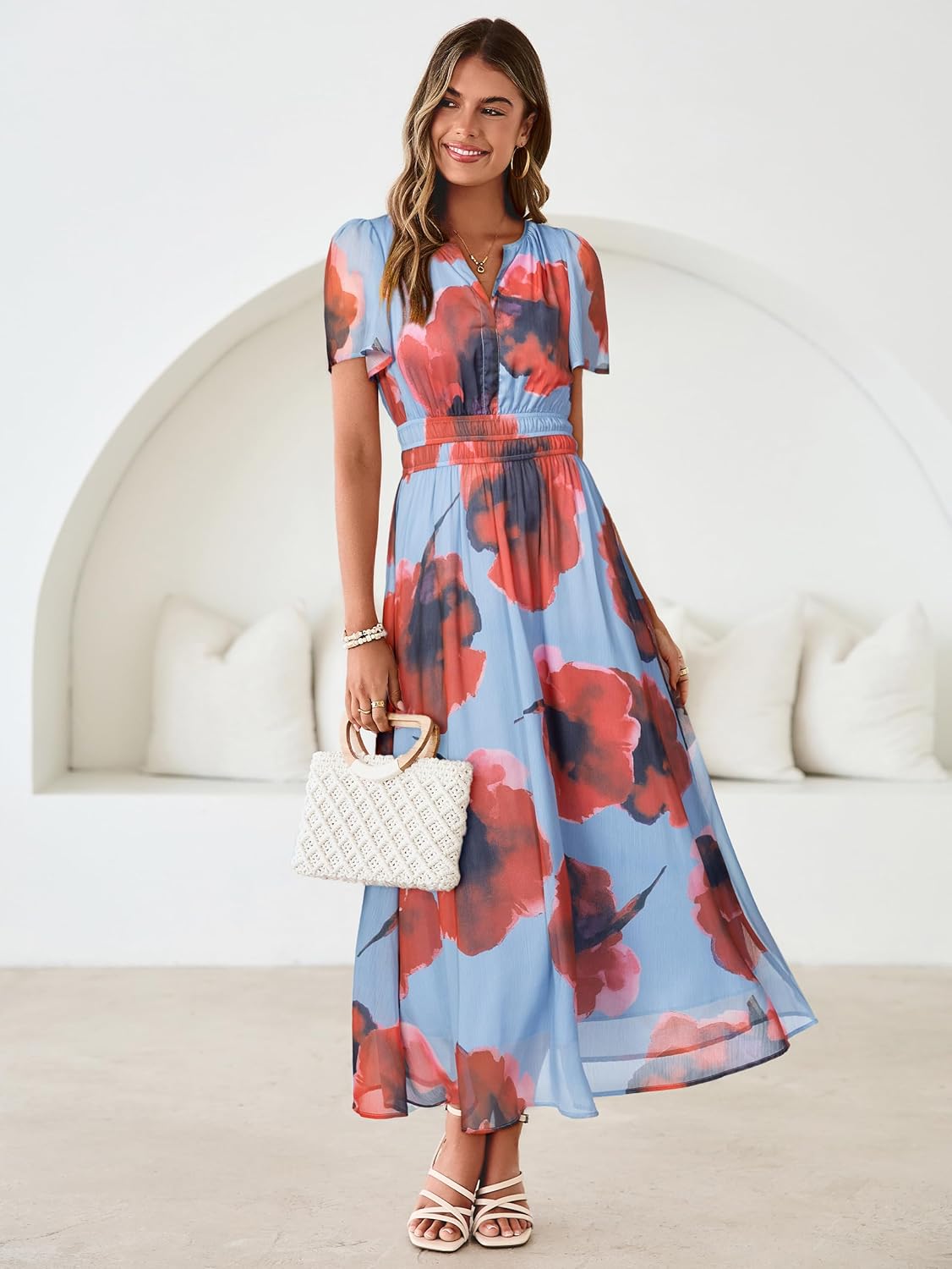 Simplee Women Floral Summer Maxi Dress Boho Flowy Casual Chiffon Short Sleeves V Neck Long Wedding Guest Dresses - Image 3