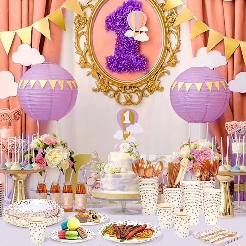 Miniatura 7 de Lzerking Juego de suministros para fiestas 210 piezas de platos de papel con puntos de oro blanco y rosa, vasos, servilletas y cubiertos resistentes