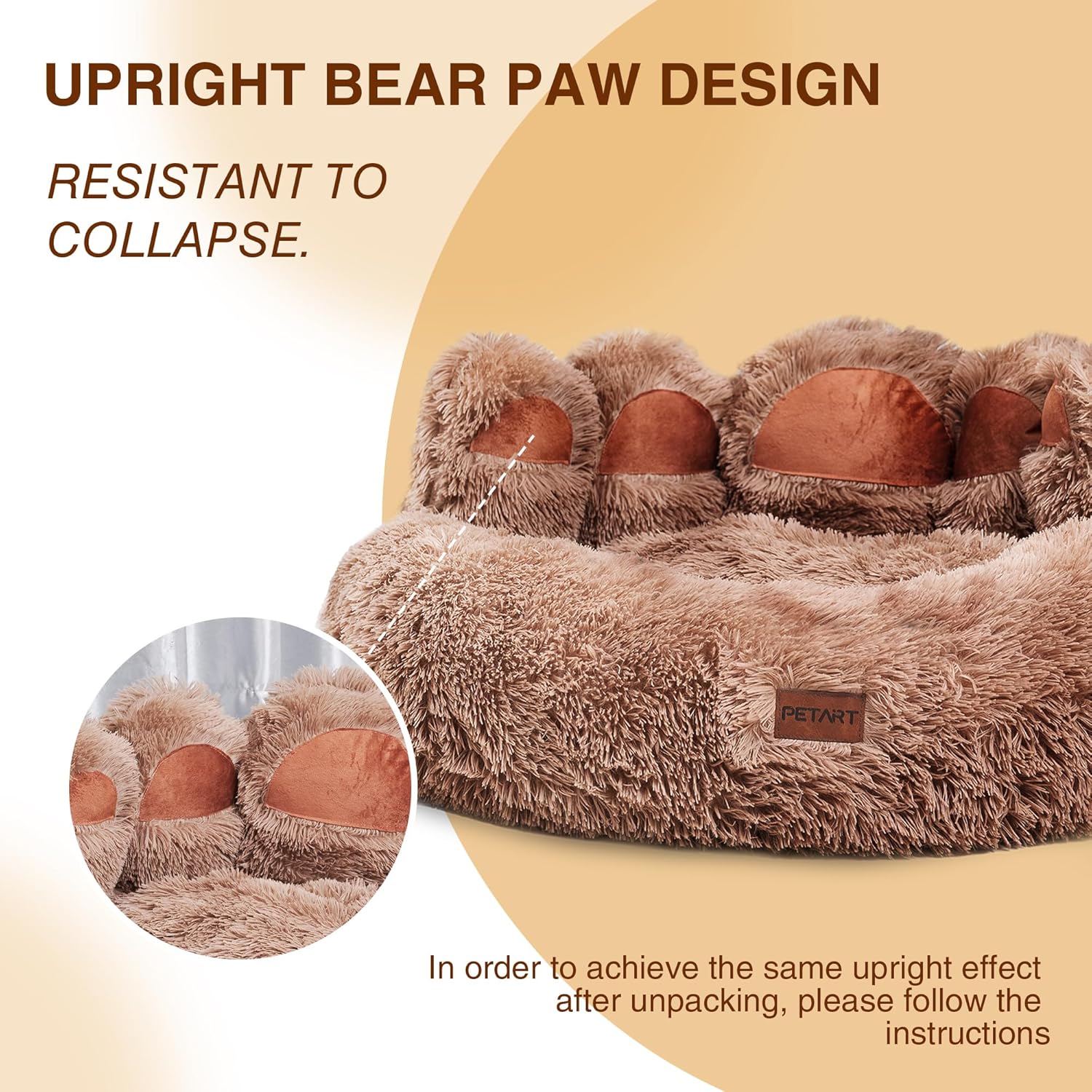 Cute Dog Bed, Fluffy Cozy Bear Paw Shape Plush Round Cat Bed for Small, Medium Dogs Large Cats, Comfortable Sleeping Puppy Cushion, Ideal for Indoor Use（Khaki,30inch