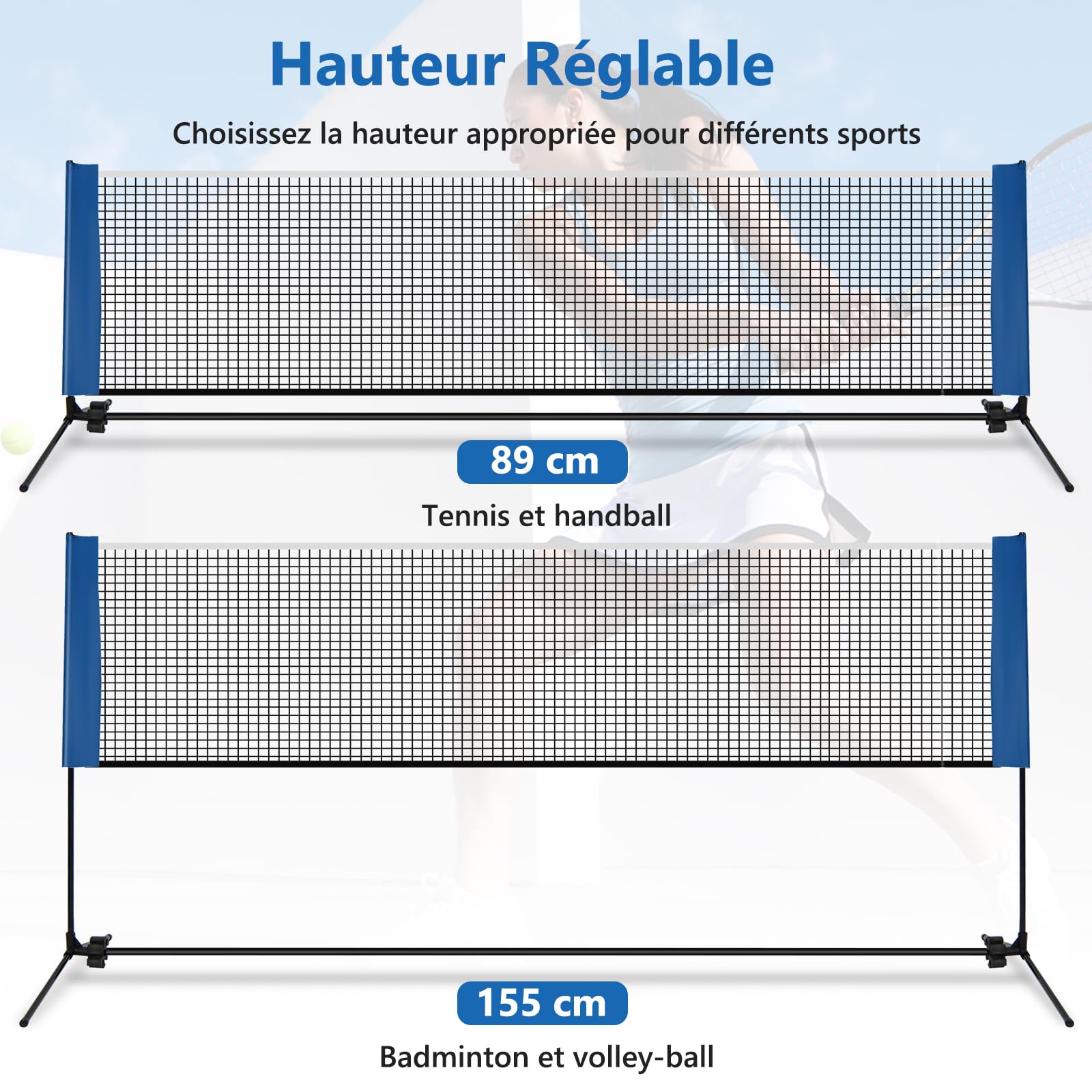 GOPLUS Filet de Badminton Portable, Filet de Tennis Réglable Hauteur avec Poteaux, Set de Filet de Pickleball avec Sac de Transport et 2 Bolants