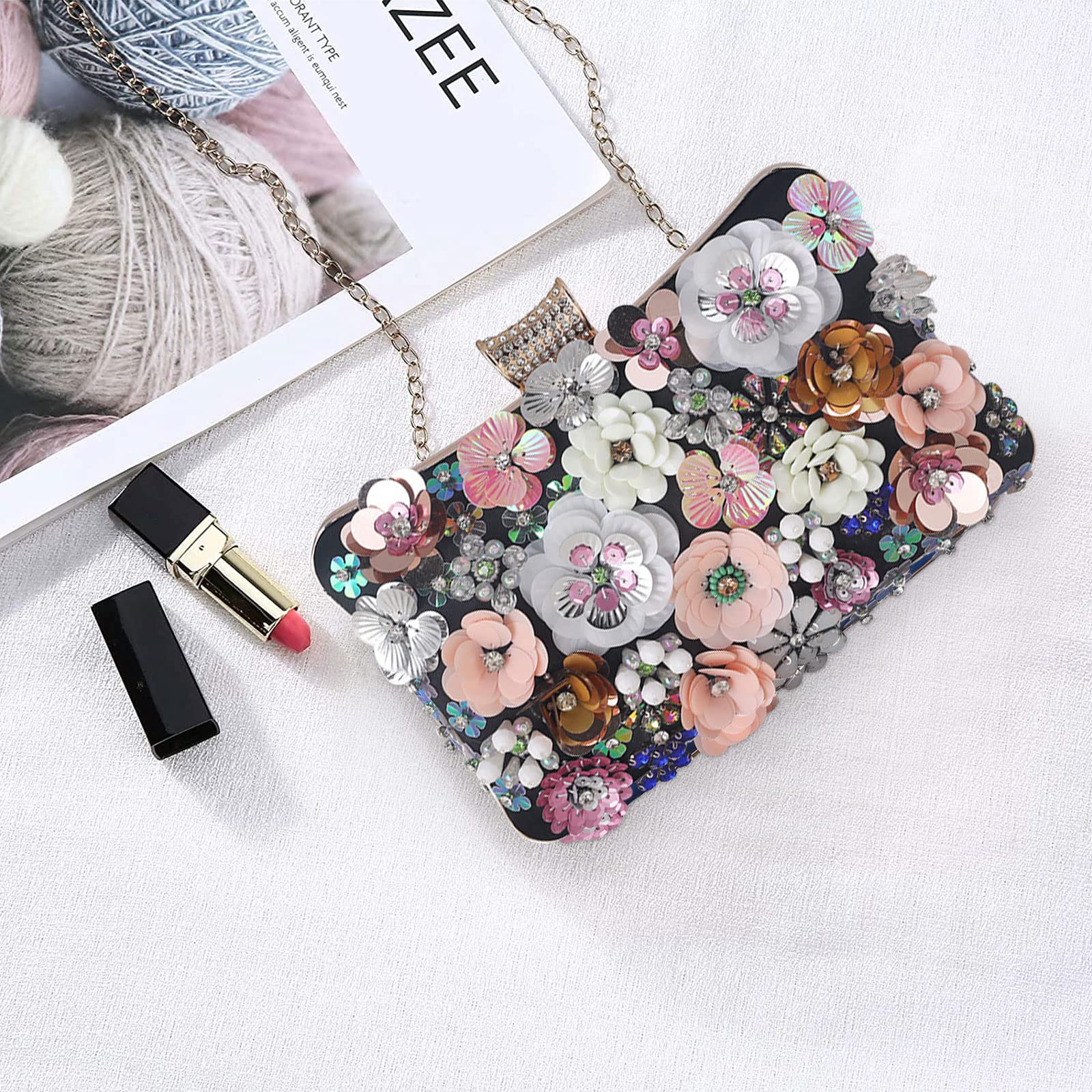 CORIOS Damen Blumen Abendtasche Shiny Strass Clutch Tasche Hochzeit Bag Kette Handtasche Elegante Schultertasche Perle Umhängetasche für Hochzeit Abschlussball Bankett-Party Schwarz