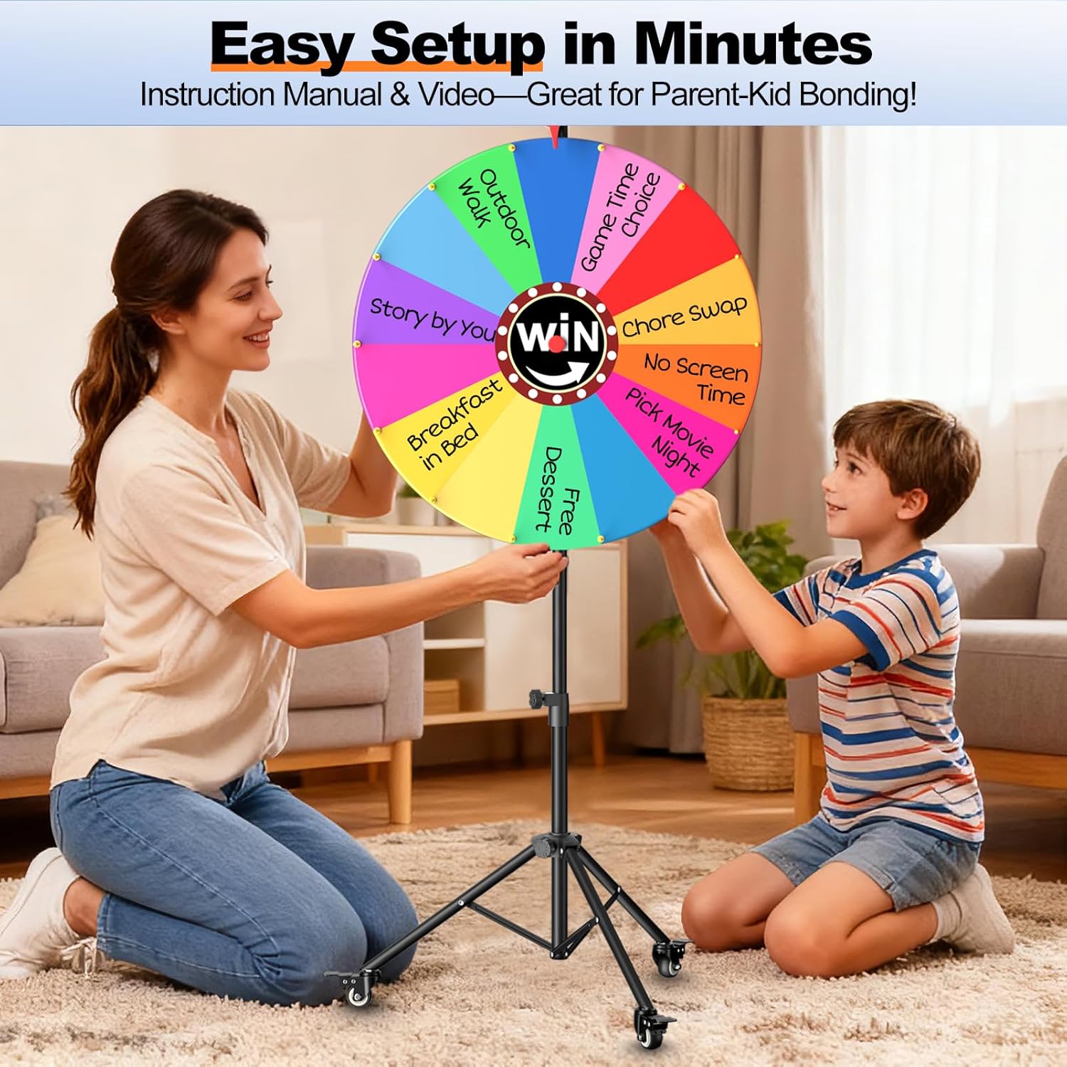 EMART 24-inch Spinning Prize Wheel, Storable Spin Doodle Game Spinner, Adjustable 34"-60" Height, Fortune Prize Wheel with Stand & Bag & Swivel Casters, 14 Colors for Party, Trade Show, Family