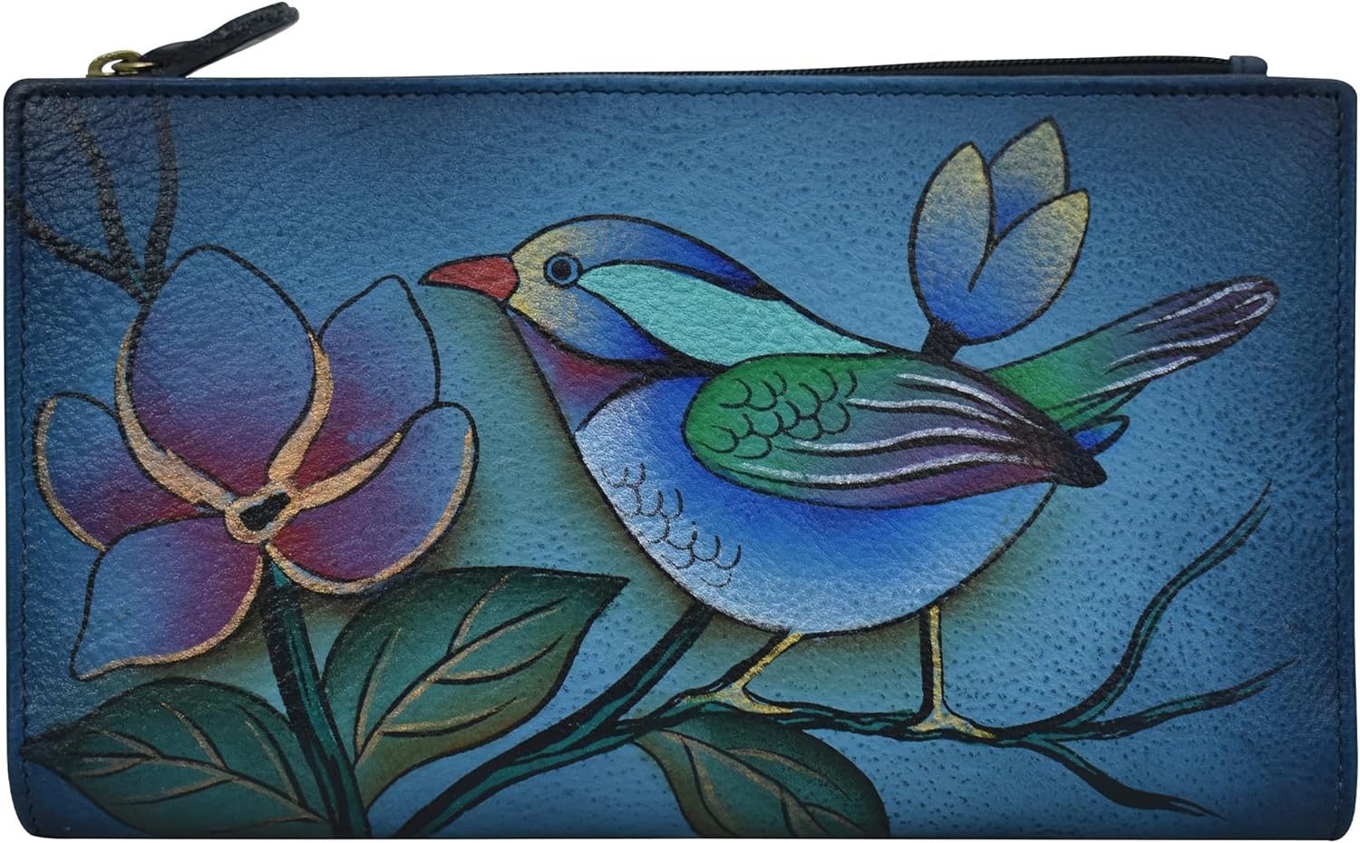 Anna by Anuschka Women's Hand Painted Leather Bi-Fold Snap Wallet-Lonesome Bird Denim, One Size