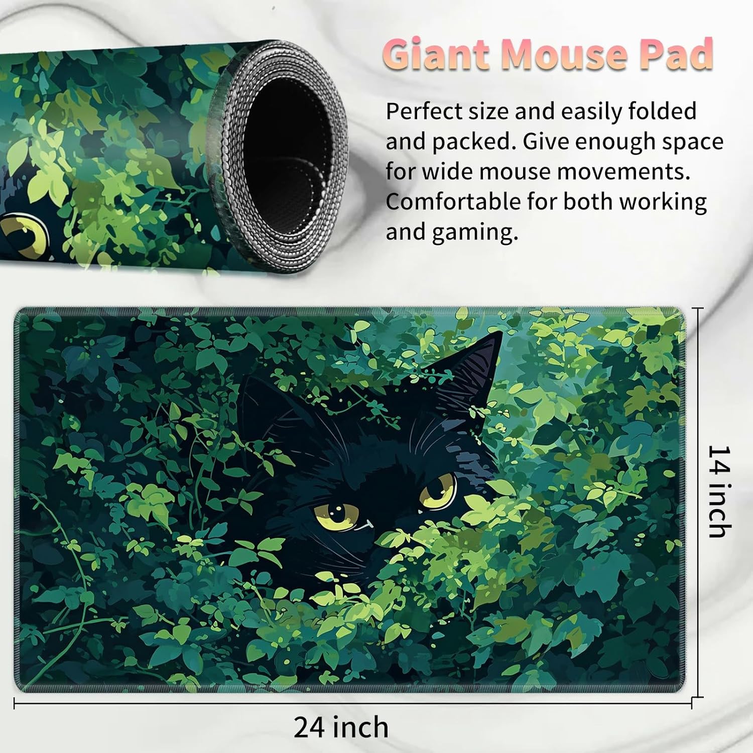 Playmat for MTG, Card Game Mat Non-Slip Rubber Base and Stitched, 24 x 14 inch TCG Play Mat for MTG and Other Card Games (NO Zones), Grass Black Cat