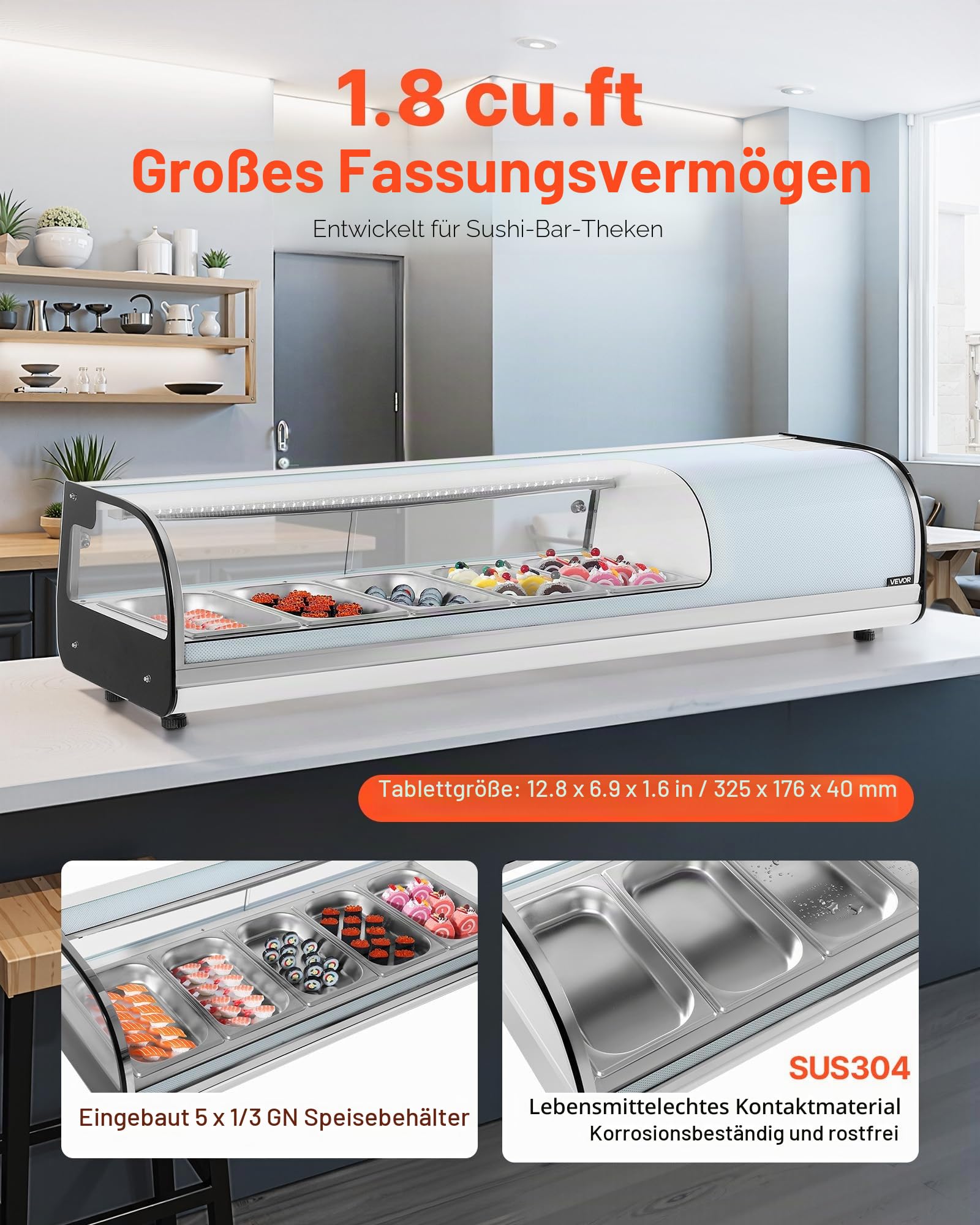 VEVOR Sushi Kühlvitrine 52 L kommerzielle Vitrine Kühlaufsatzvitrine (5 Pfannen) mit gebogenem Glas & LED-Beleuchtung & digitaler Temperaturregelung, Kühlschrank für Theke Restaurant Geschäft