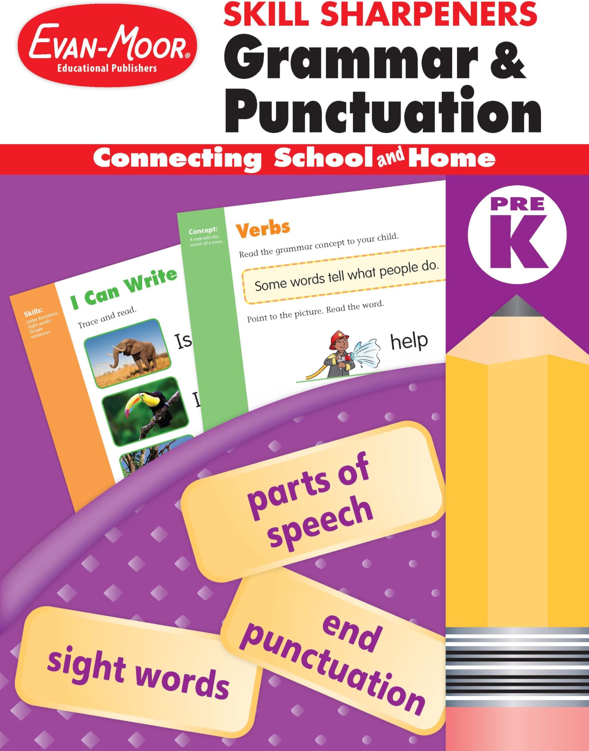 Evan-Moor Skill Sharpeners Grammar and Punctuation Workbook, PreK, Nouns, Verbs, Sentence Structure, Subject, Predicate, Dolch Sight Word List, Language Handbook, Fun Activities, Homeschool, Practice