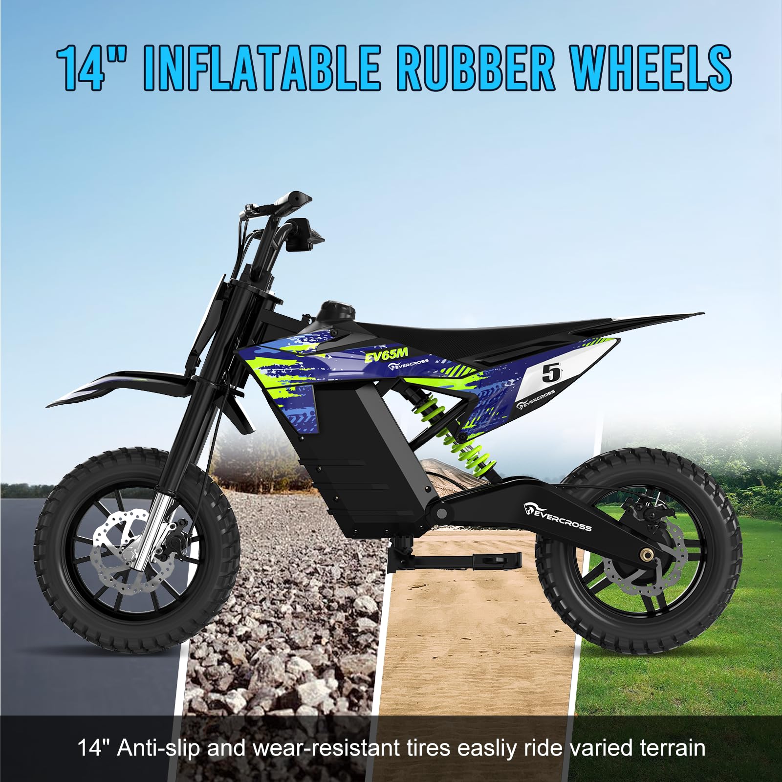 EVERCROSS EV65M Moto Eléctrica Para Niños – Motor 500W, 3 Modos (10/20/30 Km/h), Batería 48V 7.8Ah, Neumáticos 14”, Doble Amortiguación – Hasta 20 Km De Autonomía