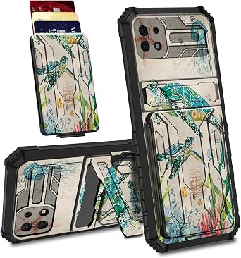 BVDIKMI Case for Sansung Galaxy A22 5G with Detachable Card Holder Slot Kickstand Hybrid Dual Layer Heavy Duty Shockproof Cover Hidden ID Cash Credit Wallet Case, Blue Sea Turtle