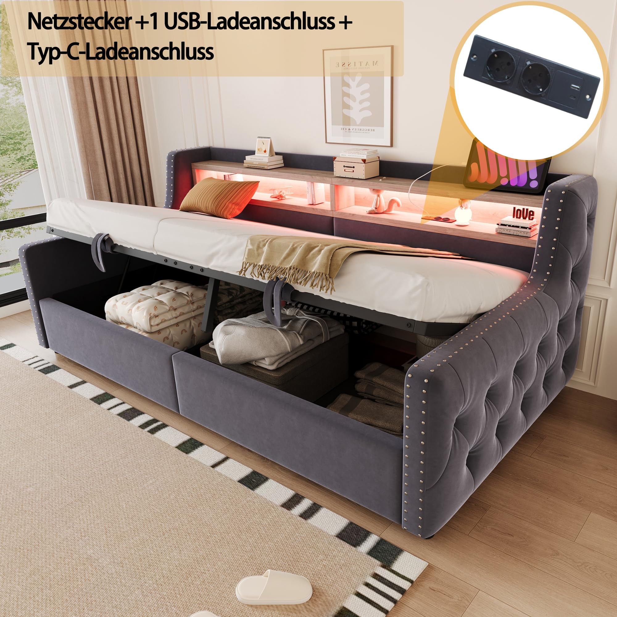 Schlafsofa Kinderbett 90x200 mit LED Streifen und USB Anschluss | Polsterbett Einzelbett mit Hydraulisch Stauraum, Stauraumbett Bett Bettgestell mit Lattenrost, Ohne Matratze, Samt,Dunkelgrau