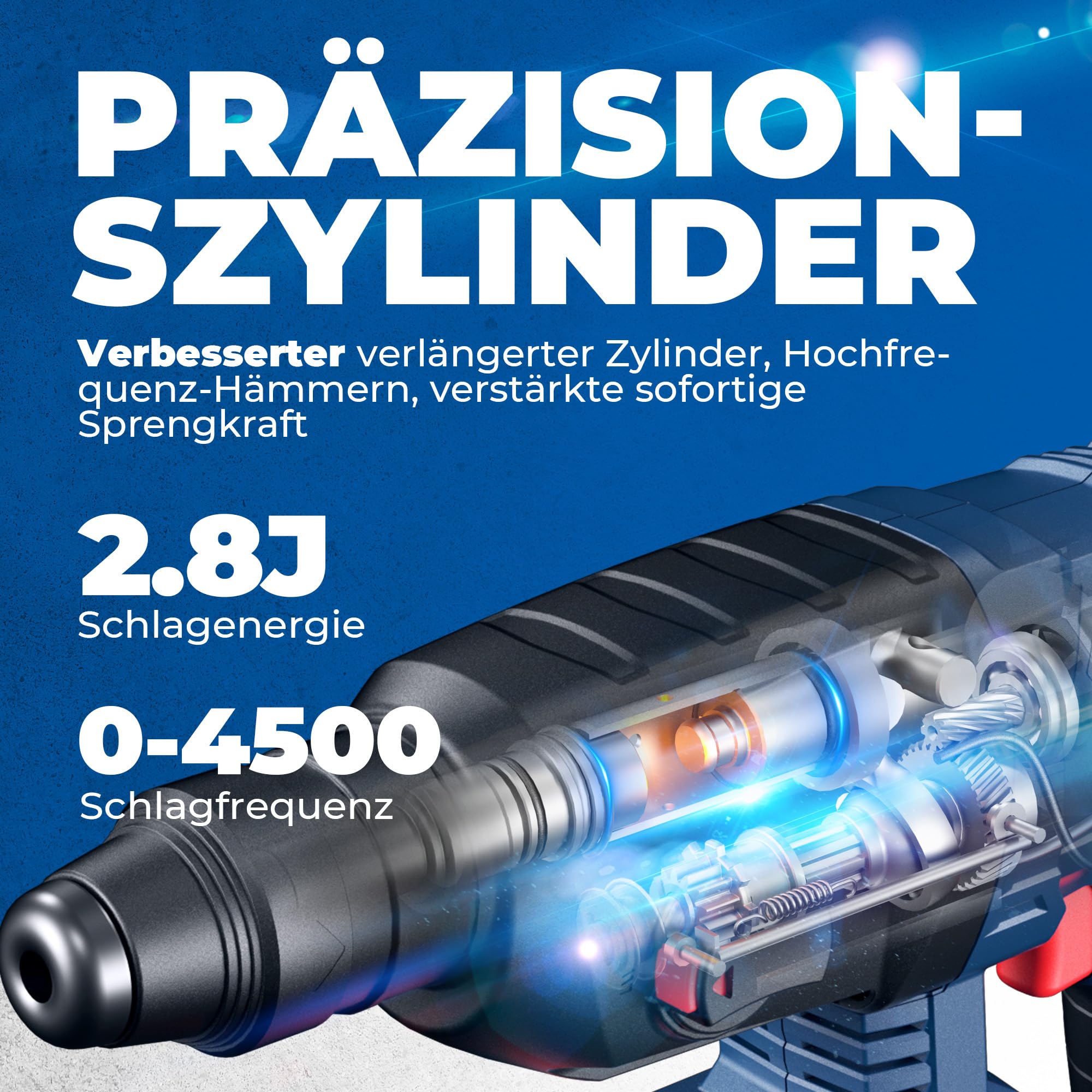 DongCheng Akku Bohrhammer 20V, Schlagenergie 2.8 J, mit 4 Stück SDS-plus, Bohren bis 28 mm, Bürstenloser Bohrhammer Motor, Anti-Vibrationsgriff, inkl. 4Ah Akku und 2A Ladegerät im Handwerkerkoffer