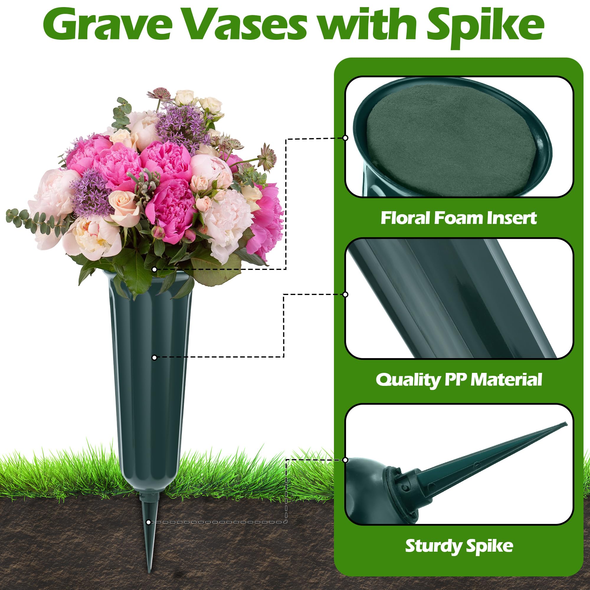 Vivantia 2 Pieces Grave Vases with Spikes & Floral Foam Cemetery Vases Graveside Flowers Holder Graves Flower Vase for Grave Yard Lawn Memorial Garden Decor (Green) - Image 2