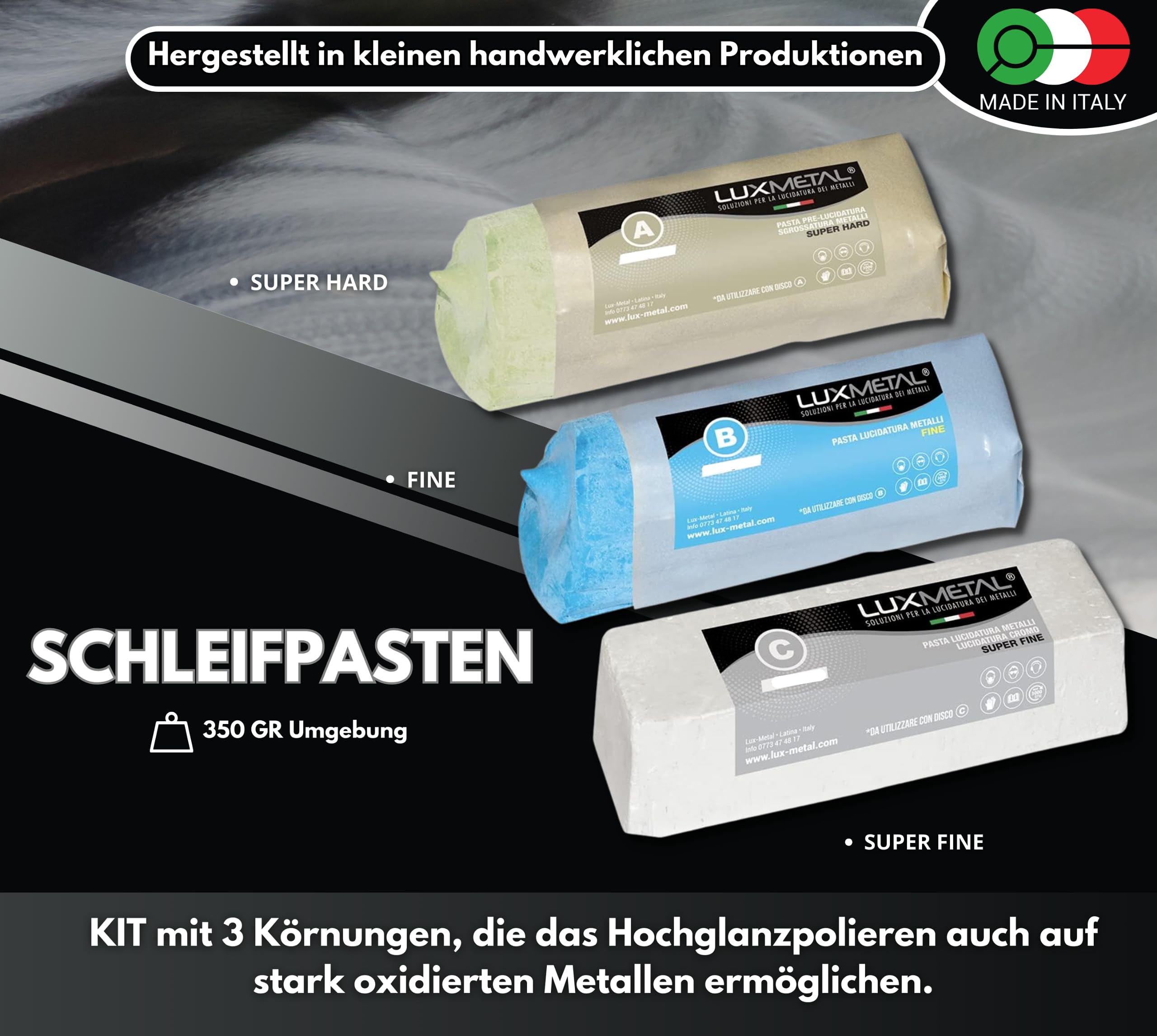 3 Polierpaste 350 g (A-B-C) Fein Mittel grob Schleifpaste Für spiegelnden Glanz Auf Edelstahl, Aluminium Eisen Messing Chrom Holz Marmor und Weitere Metall Perfekt Zum Polieren von Messern