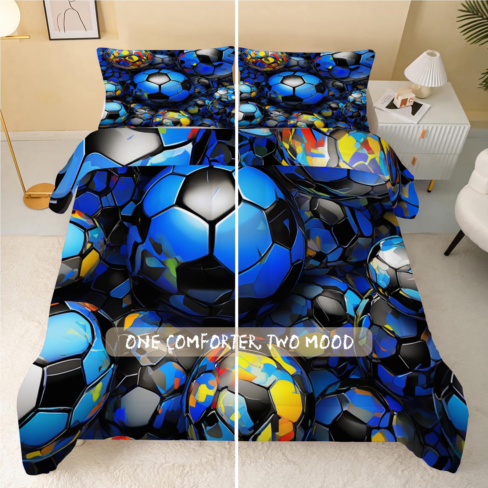 Bettdecke 200x200cm Blau Bettdecke Ohne Bezug, 4 Jahreszeiten Bettdecke Wende 240GSM, Weiche Bettdecken Ganzjahresdecke Waschbar Steppdecke 200x200 cm mit 2 Kissenbezug 80x80cm, Geometrie, Fußball