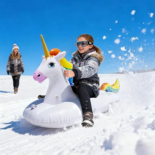 Miniatura 5 de Jet Creations Tubo inflable de trineo de nieve de invierno de unicornio arcoíris, 49 pulgadas, 1 jinete para niños y adultos, juguetes de