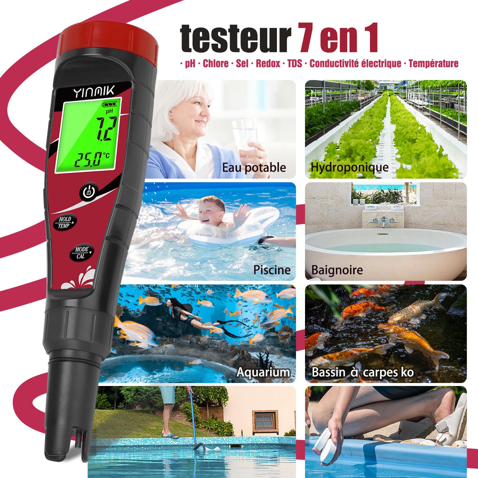 YINMIK 7 en 1 Professionnel pH Mètre Piscine Chlore Sel, Électronique pour Aquarium, Hydroponie et Eau de Piscine, Mesure pH, EC et TDS