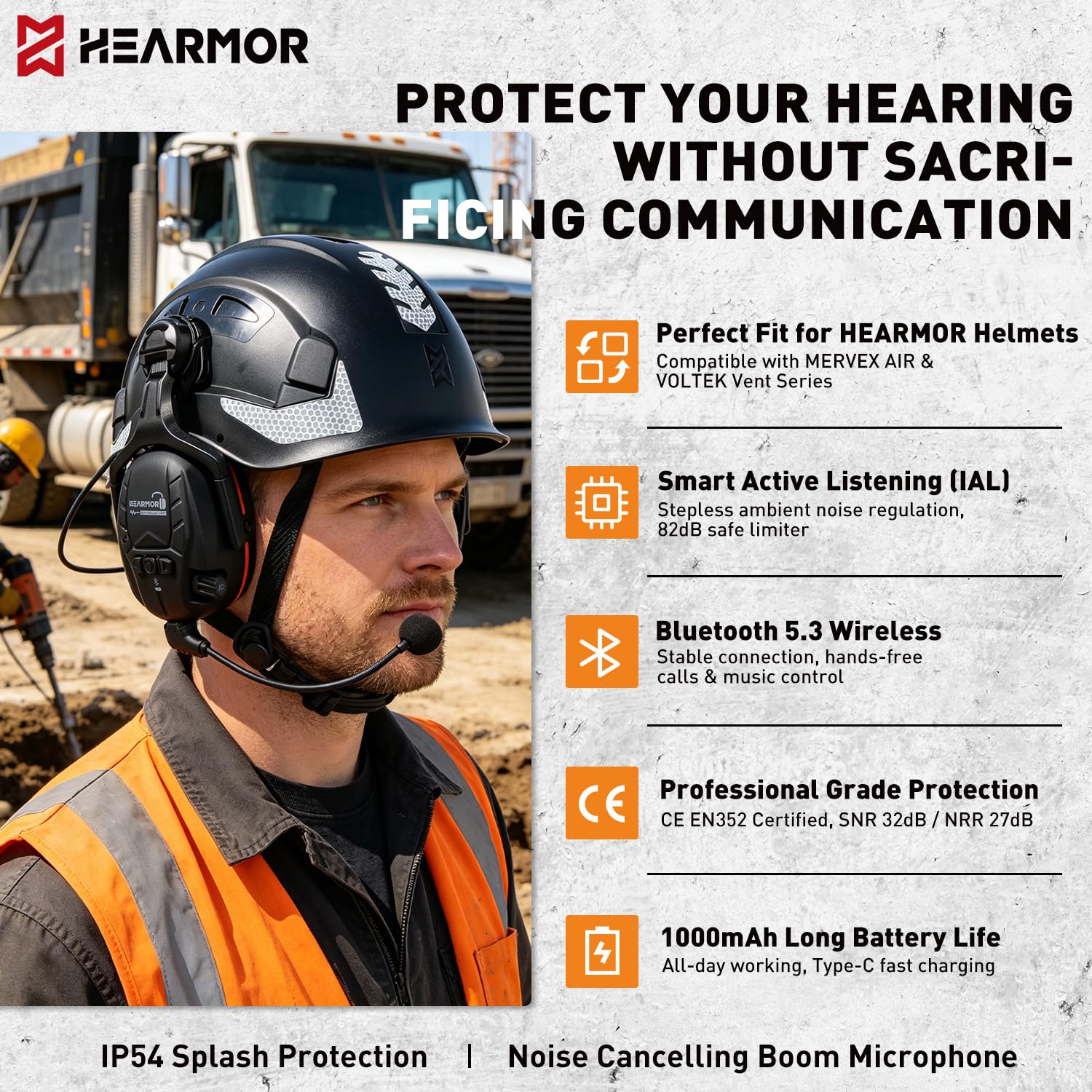 HEARMOR Cuffia protettiva rigida Bluetooth, SNR 32 dB, protezione acustica fissata al casco, per lavori di tosaerba e lavori ad alto rumore