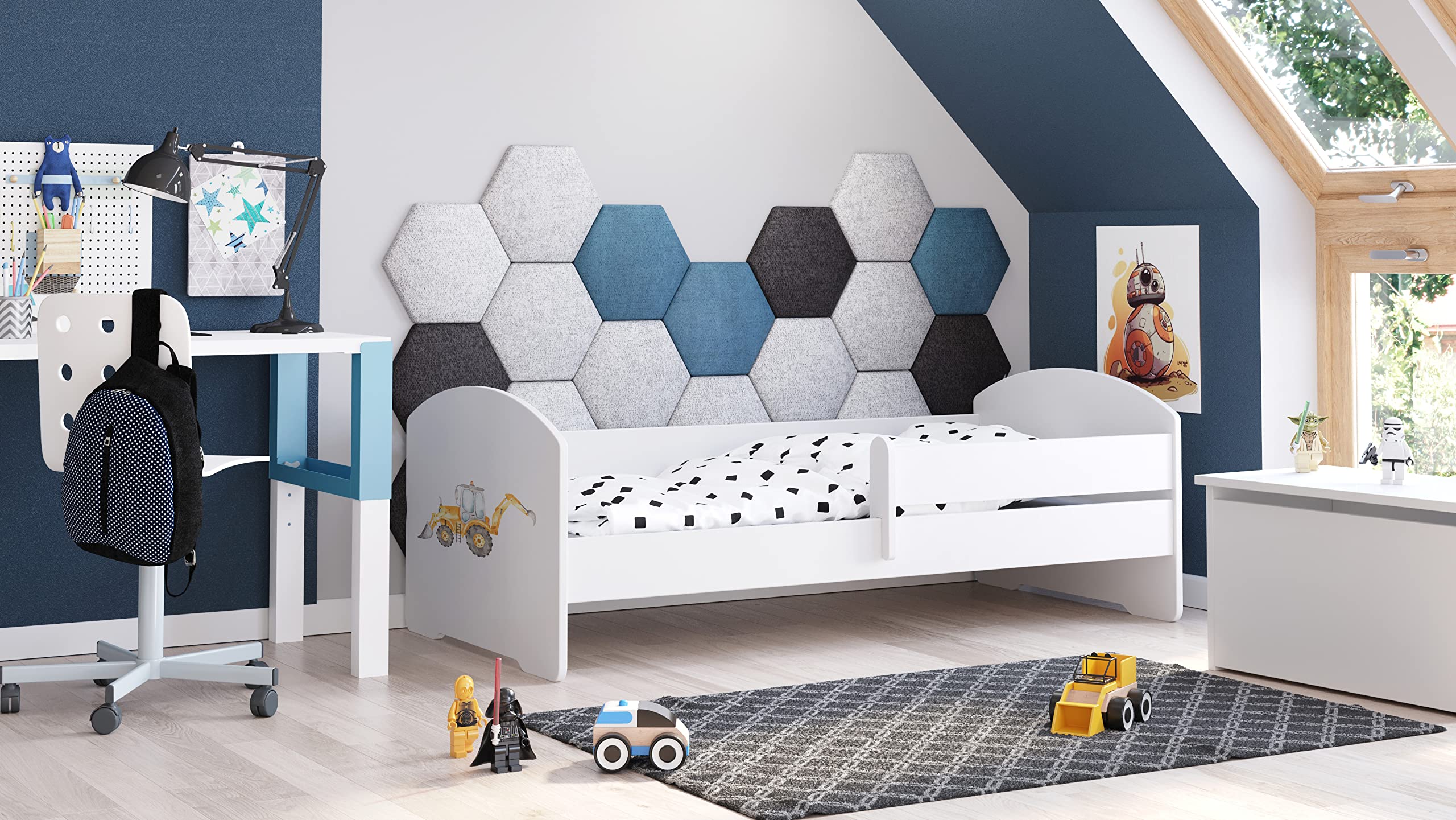 KOBI Cama infantil LUK Blanco | 140 x 70 cm | Cama infantil Camas infantiles | con colchón y marco | Habitación Bebe | Cama individual con barandilla
