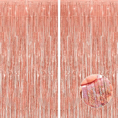 Miniatura 1 de Cortina de flecos de oropel brillante de oro rosa, decoración de fiesta de 3.2 x 8.2 pies, paquete de 2, telón de fondo de fotos para cumpleaños,