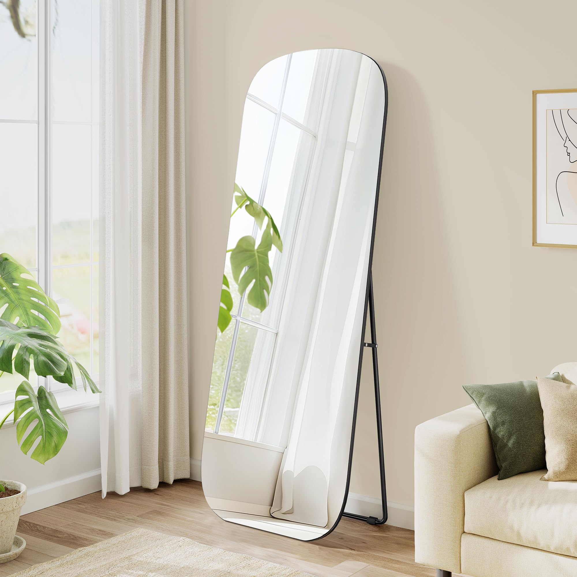 SONGMICS Full Length Mirror, 160 x 50 cm, Rounded Rectangle Full Body Floor Mirror with Stand, Ink Black ULFM029B01