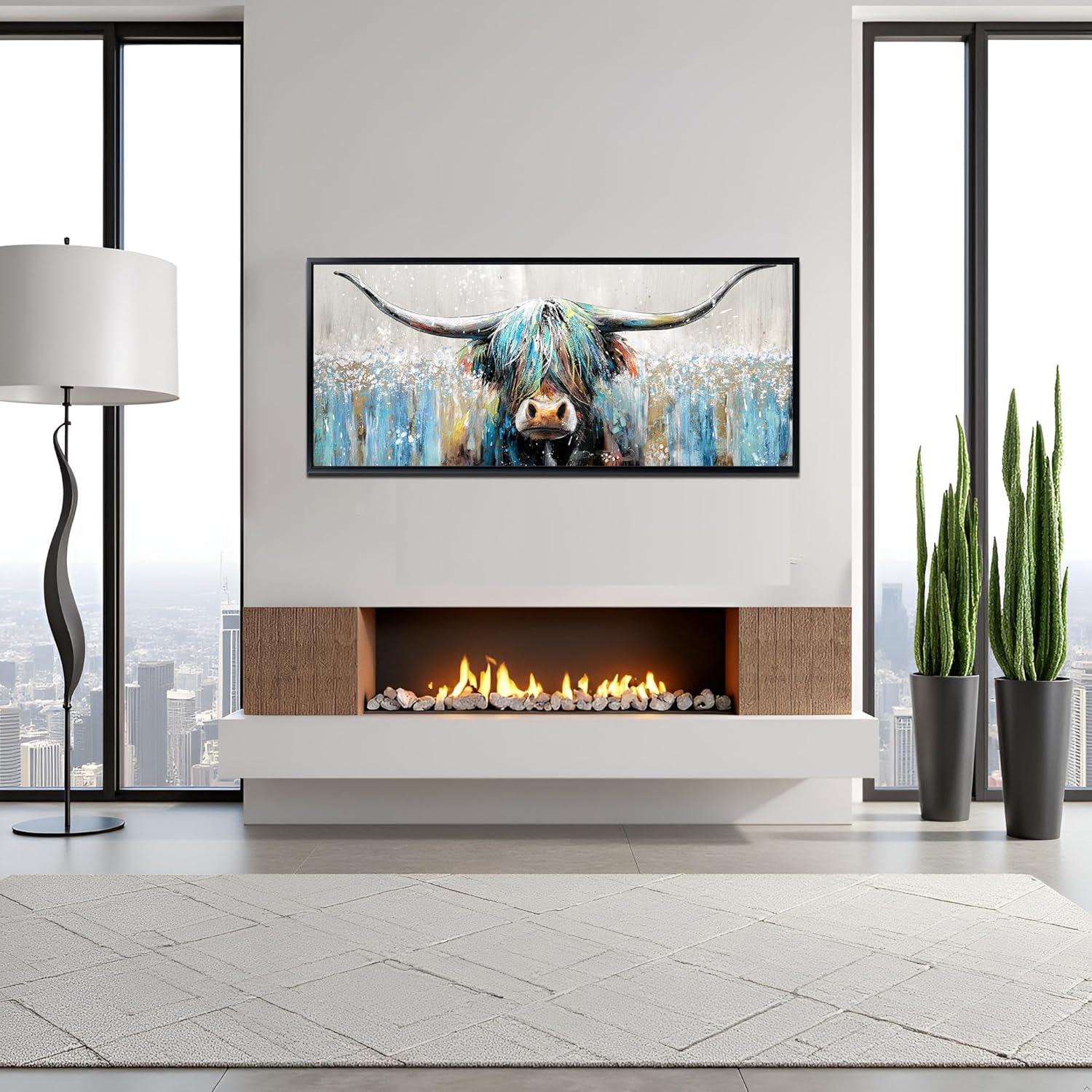 sechars Highland Cow Wall Art Modern Abstract Cattle Painting Blue and Gray Living Room Decor Framed Longhorn Print 20"x48"